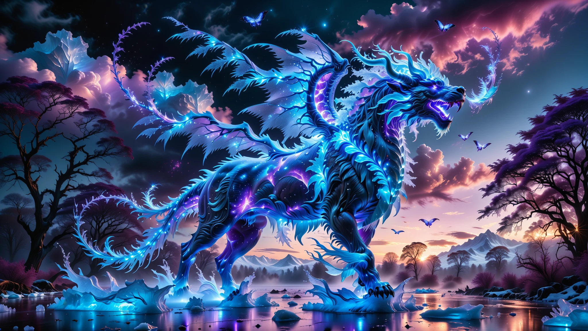 A Masterpiece In 32K Resolution, Supreme Quality, Super Detail, Official Art, Very High-Resolution 32K Wallpaper, Beautiful And Aesthetic, Ultra-Detailed Features, Awe-Inspiring Detail. Towering Bioluminescent Trees Stretch Into A Purple Sky, Their Branches Pulsing With Electric Blue Light. Rising From The Depths Is A Colossal Ice Chimera, Its Body Composed of Various Frosted Animals. Massive Wings and Fangs Unfold From Its Sides, Glinting In The Light, Its Frosty Breath Leaving Trails Of Shimmering Ice Fragments In The Air. Giant Floating Beasts Drift Through The Air, Their Silhouettes Blending With The Exotic Landscape.