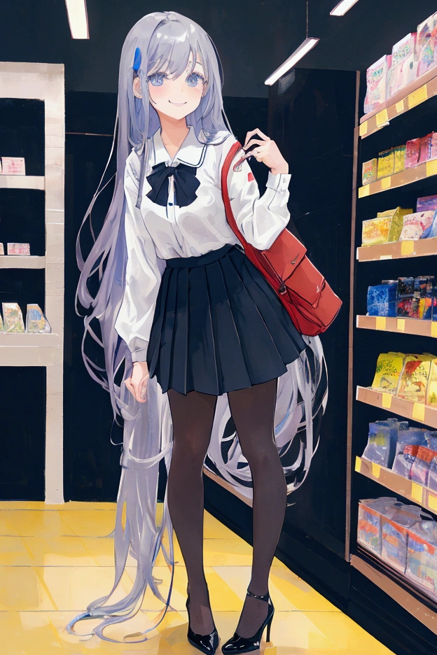 masterpiece  ,   Best quality,  HD,  in Supermarket,  on shelves with alcohol,  girl,  sensual,  sexy , bluesilver hair,  very very very long hair,  school clothes,  black,  short pleated skirt, schwarz,  transparent over the knee ,schwarz , necklace, Cross,  blue-gray eyes ,  standing slightly on tiptoes, taking something from the top shelves, smiles, high heels sexy shoes, backpack on back, overkniee schwarz druchschit, pantyhose