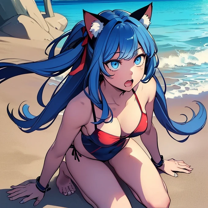 Film angle, depth of field, (viewer view), (right close-up: 1), (standing photo: 1), girl cat ears, (solo), black hair, (white skin: 1), (curvy: 1.2), (wide hips: 1.1), girl with cat ears, (beautiful beach background), (coastal background: 1.4), (shore background: 1.4), (transparent clothing), (bare shoulders, transparent micro bikini), (lace panties in T-back: 1.2), (red glove: 1.2), sharp claws, detailed horns, red choker, red boots to the thigh, (ponytail, hairs between the eyes), (black hair), red eyes), (flat chest: 1.2), expressionless, dazed, sleepy, wakame