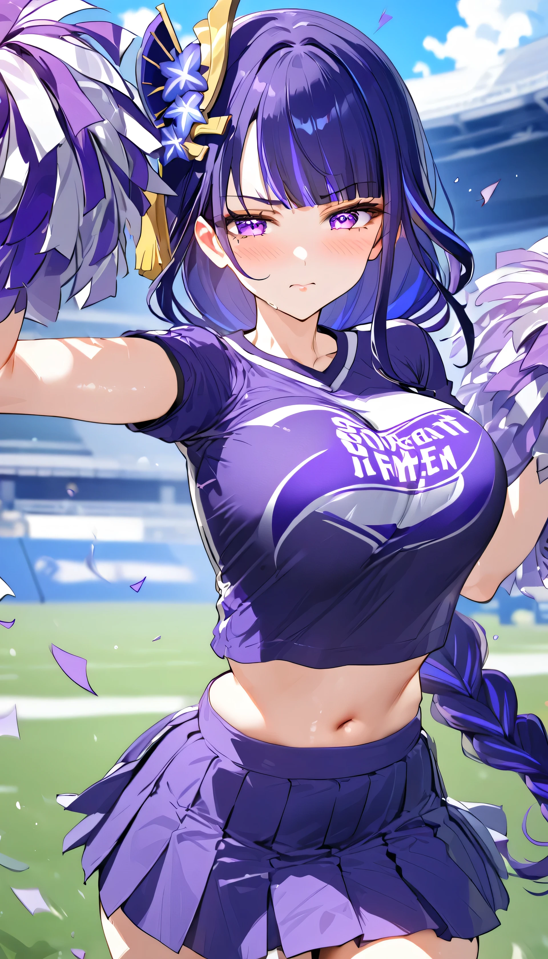 a woman in a football uniform with long blue hair posing provocatively, 1girl, cheerleader, solo, pom pom (cheerleading), breasts, skirt, raiden shogun, large breasts, purple hair, purple eyes, long hair, pleated skirt, looking at viewer, navel, outdoors, thighs, purple skirt, holding pom poms, bangs, blush, shirt, midriff, alternate costume, 8K, , look at viewer, best quality, detail, HD, high resolution, masterpiece, textured skin, low sparkle, low bloom, motion blur, cheeks flushed, anime, beautiful, simple art