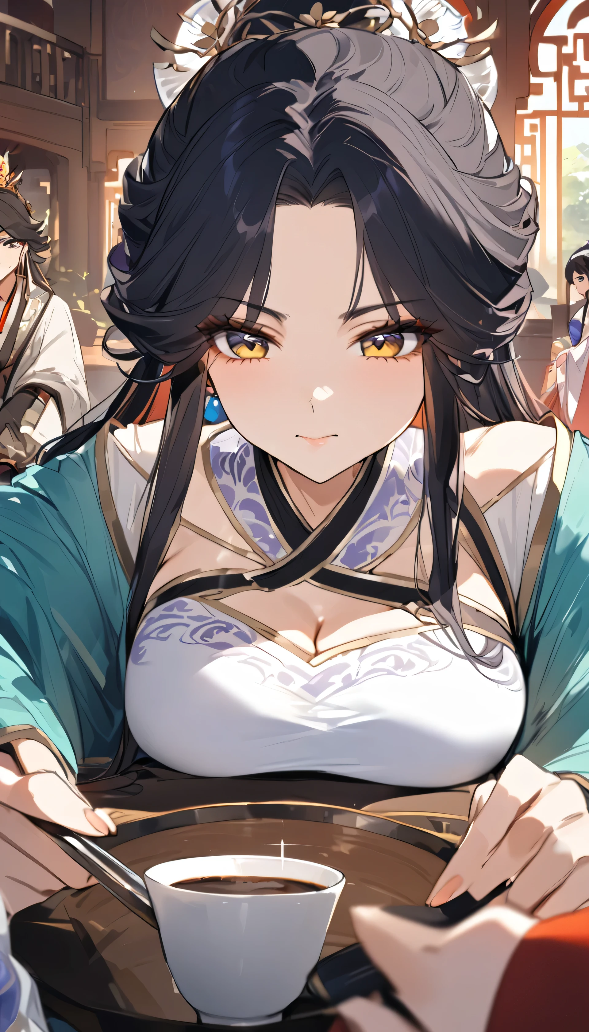 a close up of a woman sitting at a table with a cup of coffee, palace , a girl in hanfu, a young woman as genghis khan, beautiful oriental woman, chinese woman, chinese girl, chinese princess, an asian woman, a young asian woman, ancient chinese princess, asian woman, wearing ancient chinese clothes, traditional beauty, young asian girl, 8K, , look at viewer, best quality, detail, HD, high resolution, masterpiece, textured skin, low sparkle, low bloom, motion blur, cheeks flushed, anime, beautiful, simple art