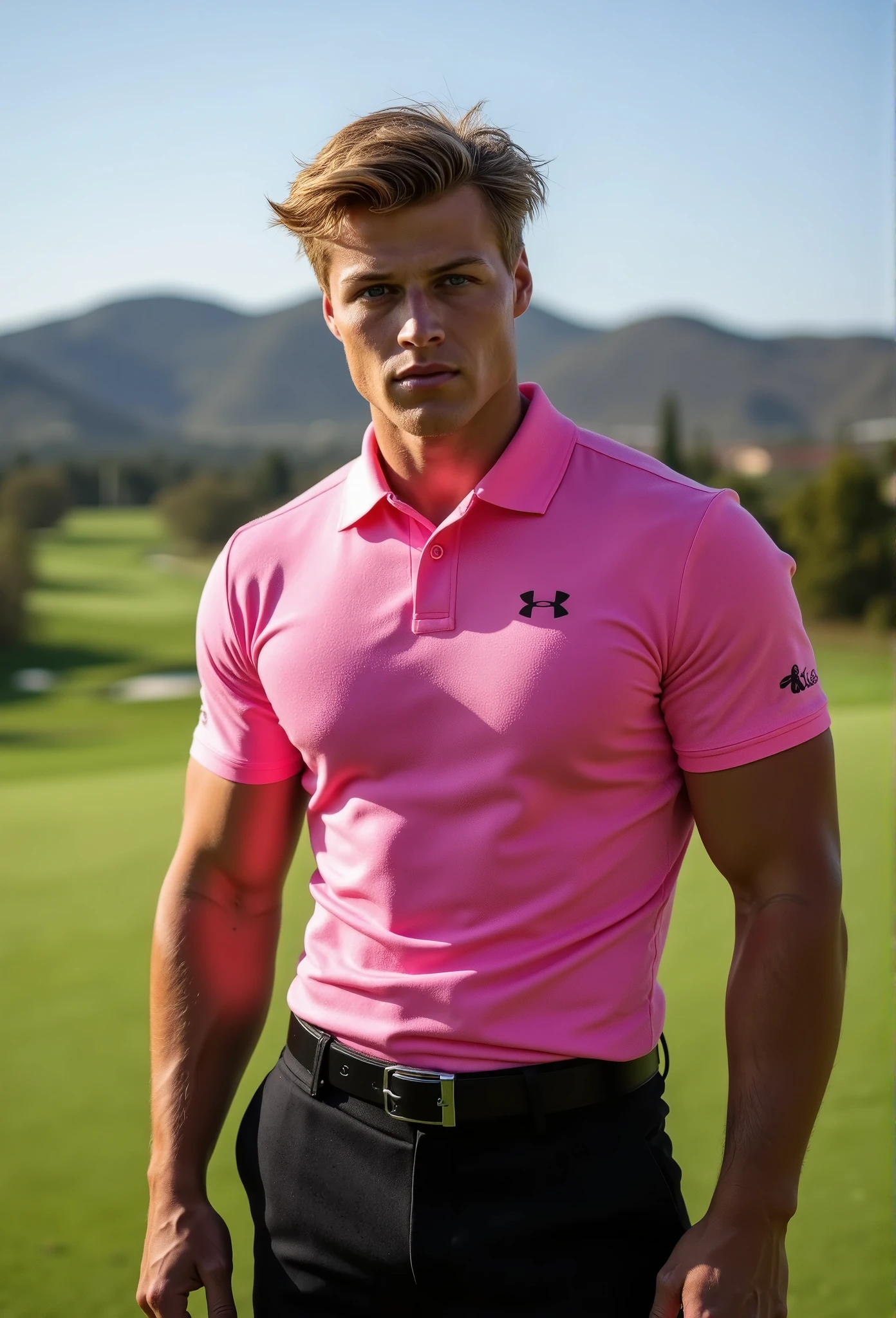 Sam Dezz, ((wearing a tight (pink) under armour golf polo shirt:1.2)), (shirt sleeves tight around his biceps:1.3), ((wearing tight black shorts with black belt with a silver buckle:1.2)), close upper body image, ((bulge in shorts++)), standing on golf course, (golf course background:1.3), male focus, ((upper body image:1.2)), dramatic lighting, thin toned body, looking at the viewer, blue eyes, short messy blonde hair, confident, wide angle,