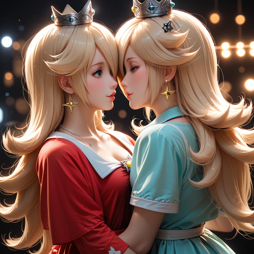 ((Princess Rosalina from super mario bros series))(she has big glowing blue eyes)(bright red lips) (((long blonde straight hairstyle)))((hair cover half left face)))(dark eyeshadows make up)((very huge breasts)) (perfect slim body) ((wear aquamarine lingerie, gold crown)) (crown) ((posing sexy in cosmic castle)) (masterpiece, high definition, volumetric lights and dinamic shadows)((masterpiece))(8k)(perfect face)(ultra details) (perfect hands, eyes, and face) (luma star flying around)