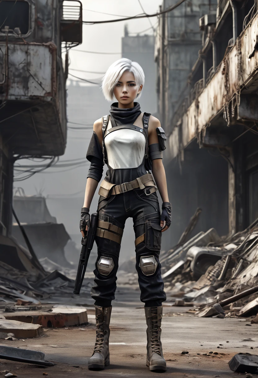 Futuristic character, Full body, slim body, short hair, white hair, standing in post apocalyptic