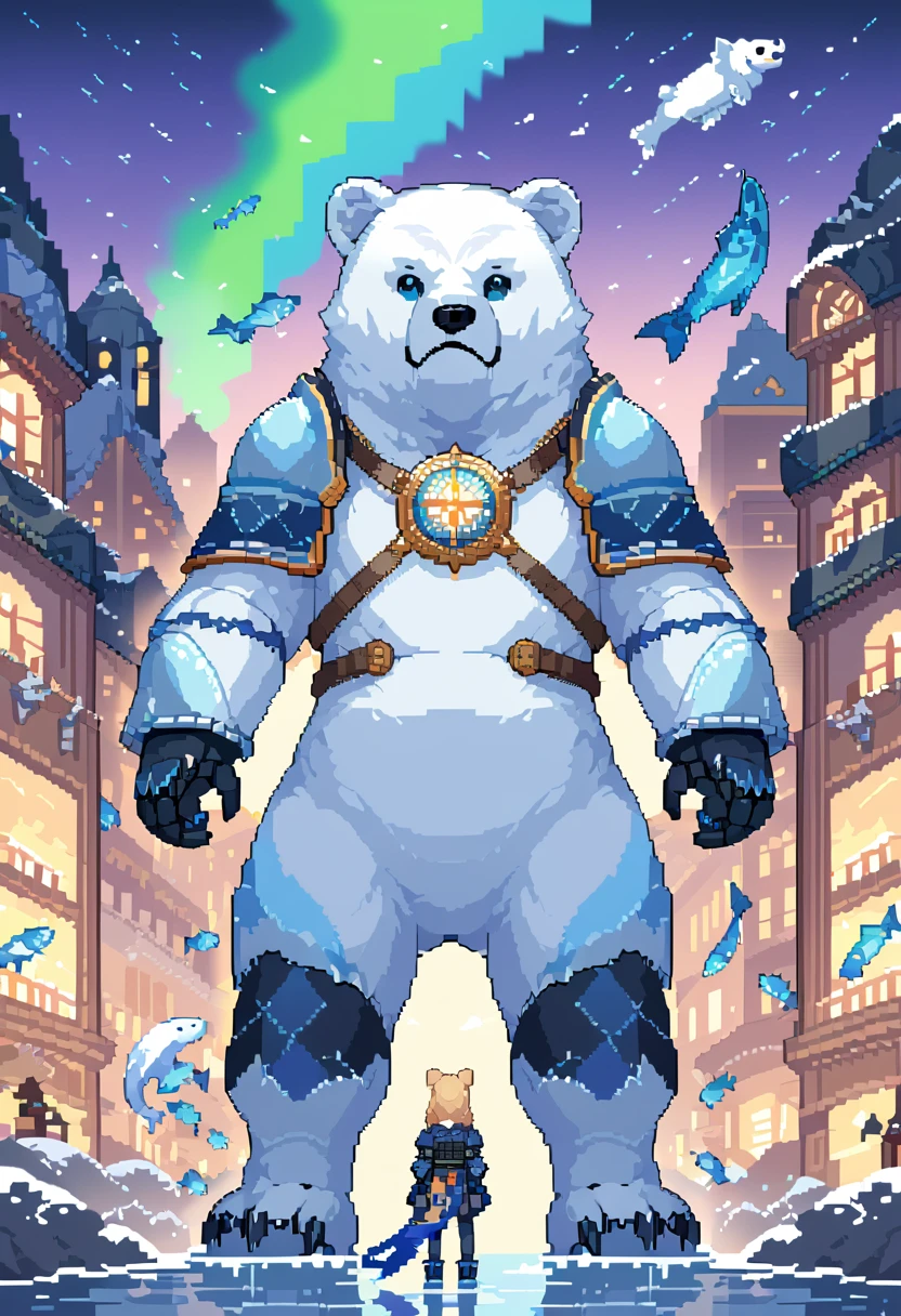 16bit pixel art, promotional poster, promotional art for "The Golden Compass," 16bit video game art, for a game based on renowned novel "The Golden Compass" by Philip Pullman, BREAK: it features a blonde girl in arctic gear, a white ermine, a frozen dead fish, a massive polar bear wearing plate armour, above all is the northern lights in 16bit rendering, and in the lights is the outline of a cityscape