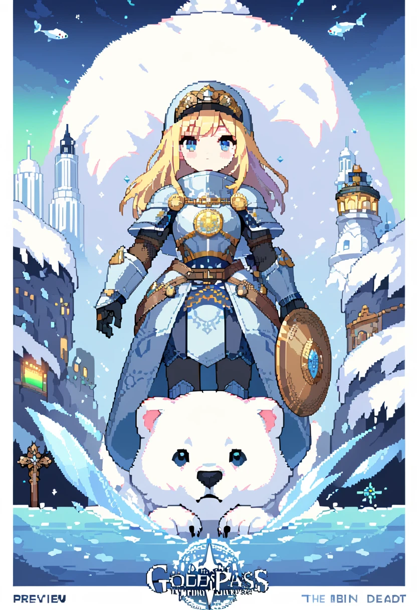 16bit pixel art, promotional poster, promotional art for "The Golden Compass," 16bit video game art, for a game based on renowned novel "The Golden Compass" by Philip Pullman, BREAK: it features a blonde girl in arctic gear, a white ermine, a frozen dead fish, a massive polar bear wearing plate armour, above all is the northern lights in 16bit rendering, and in the lights is the outline of a cityscape