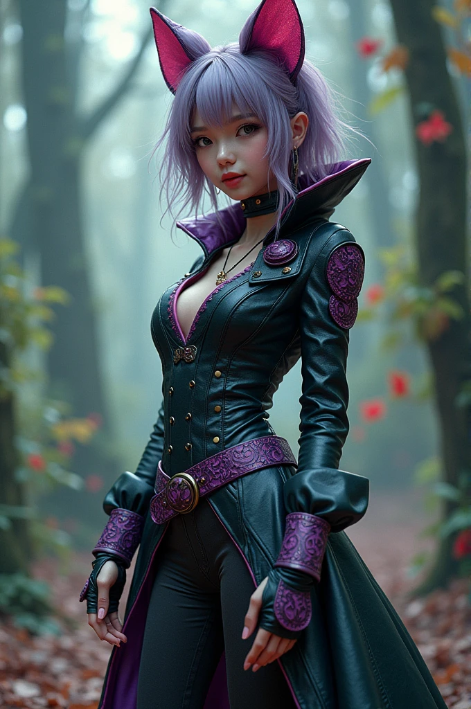 A hot female monster in purple outfit inside a forest wildlife