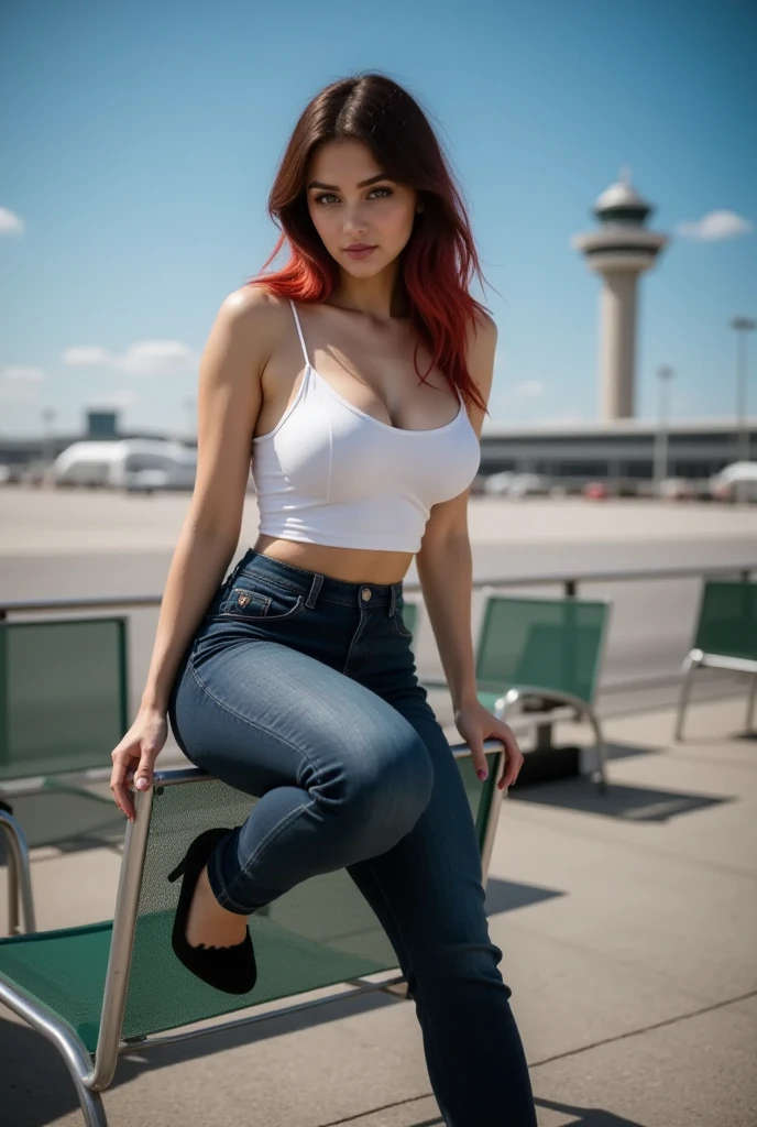 This is a high-resolution photograph featuring a young woman named maia posing outdoors on a sunny day. She has light skin, long, wavy brown hair with red highlights that cascades over her shoulders, and a slender, curvy physique. She is dressed in a tight, white tank top that accentuates her medium-sized breasts and a pair of high-waisted, dark blue jeans that fit snugly around her hips and legs. She is wearing black high-heeled shoes that add to her height and elongate her legs. 

The woman is positioned on a modern, minimalist chair with a metal frame and a green mesh seat. She leans forward, resting her hands on the chair's armrests, and her body is slightly arched, emphasizing her hourglass figure. The background shows a clear blue sky with a few wisps of clouds and a large, modern airport terminal with a tall, cylindrical tower in the distance. The ground is paved with gray asphalt, and there are faint outlines of other chairs and objects in the background, suggesting an airport or similar public space. The overall atmosphere of the image is bright and airy, with a sense of modernity and casual elegance.