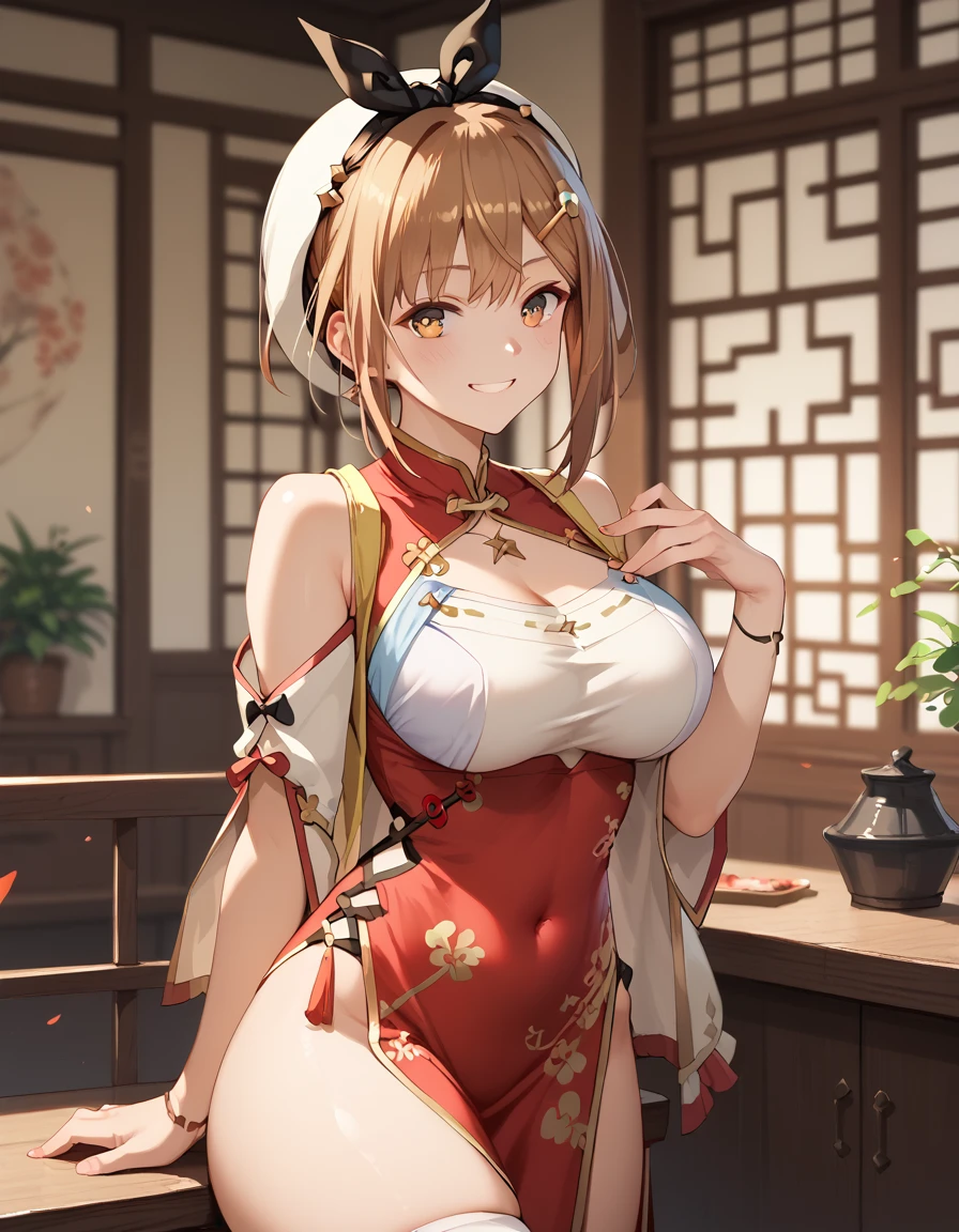 1girl,  Reisalin Stout,  China Dress, breast, smile