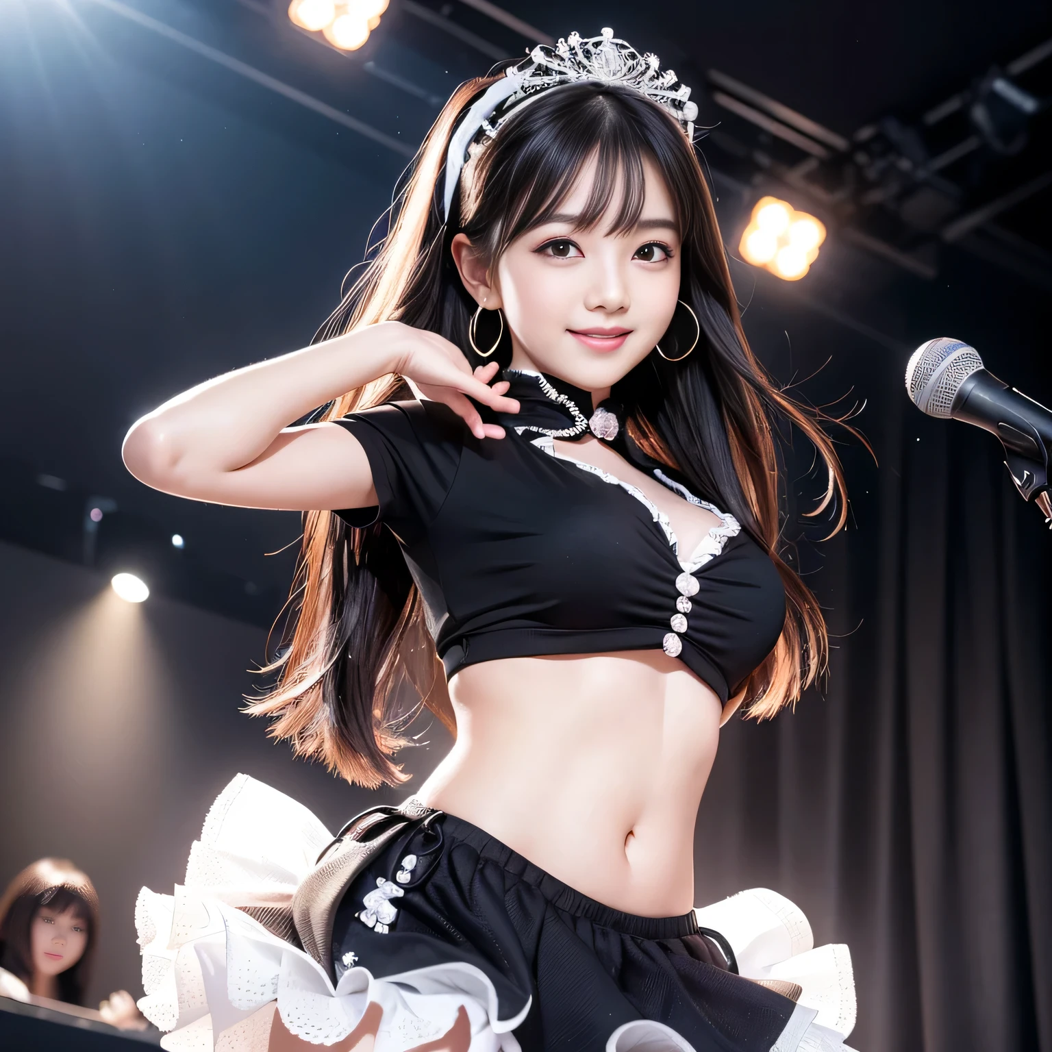 最high quality,Very detailed,finely,High resolution,8k wallpaper,Perfect dynamic composition,Young Japanese Woman,Age 25, Black Hair, thin, 4K, 8k, high quality, beauty, smile, Beautiful Eyes, Characterized by simplicity, High resolution,1 person,Japanese Idols,stage,microphone,Idol Costumes,Glittering costumes,Laser Light,Frill dress,Princess