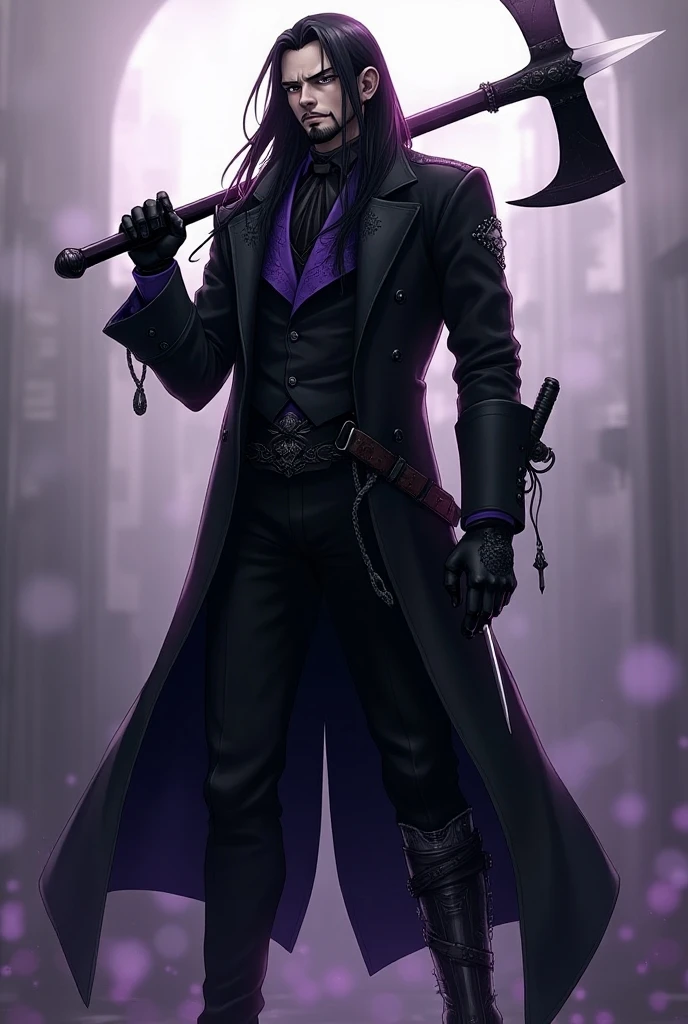 dark-skinned anime-style man , Very long and smooth black hair , Small goatee style beard on his face , especially black overcoat with purple details and a mechanical leg , he carries a long, sharp sickle in his hands and carries a knife in a holster on his right leg
