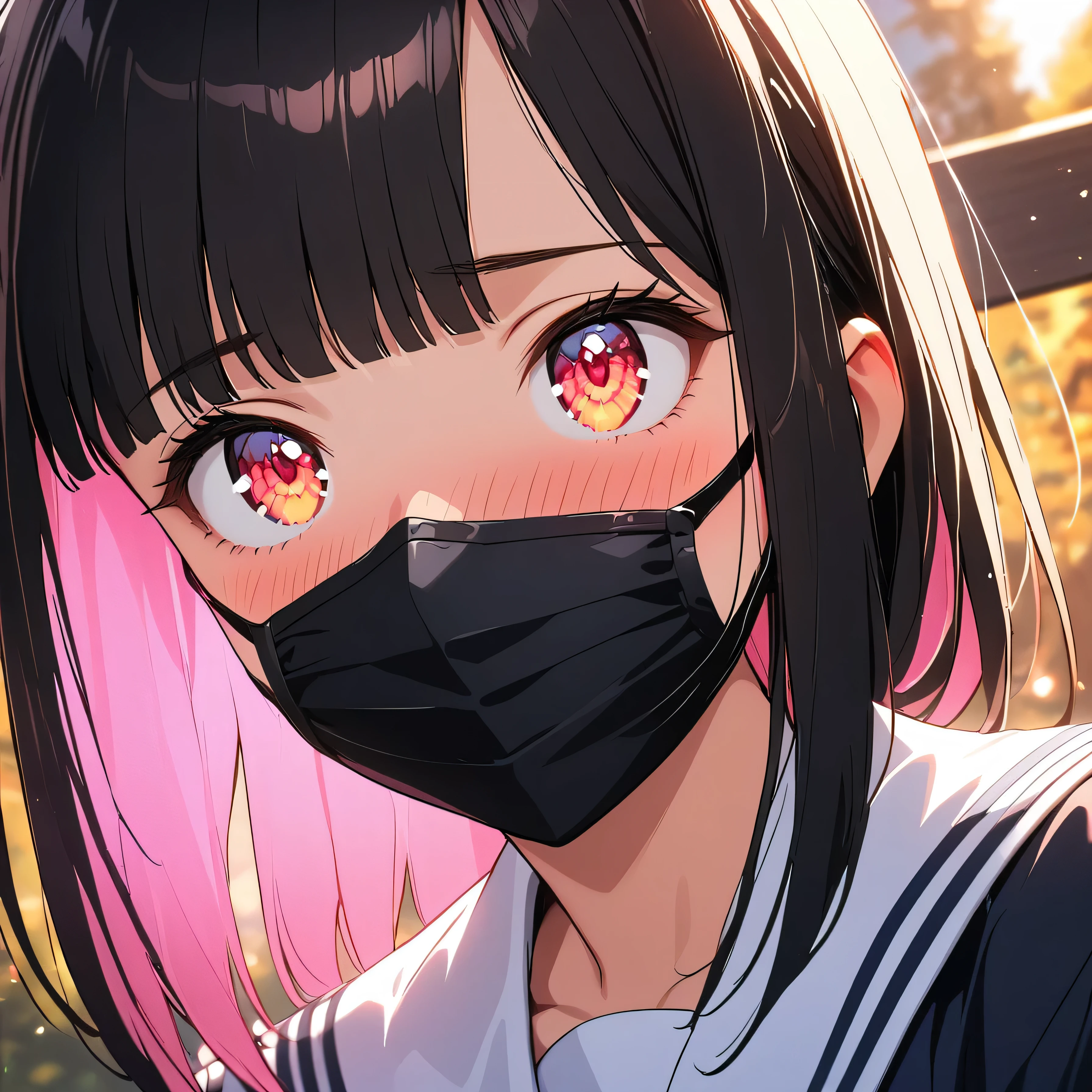 (beautiful girl: 1.3),masterpiece,Ultra-high resolution, rich contrasts,Very high quality,8k,very detailed CG unit wallpaper,Texture,So ridiculous,RAW Photos,Highest quality anime,Depth of written boundary,ultra-detailed eyes,Glowing Skin,Glitter Effect,Beautiful glossy lips,(Sharp Bob,Bangs),School uniform, Black Tight Skirt ,School gate,sunset,(Extremely close:2.0),Embarrassing,blush,Looking up,Tilt your head,(Black Mask)