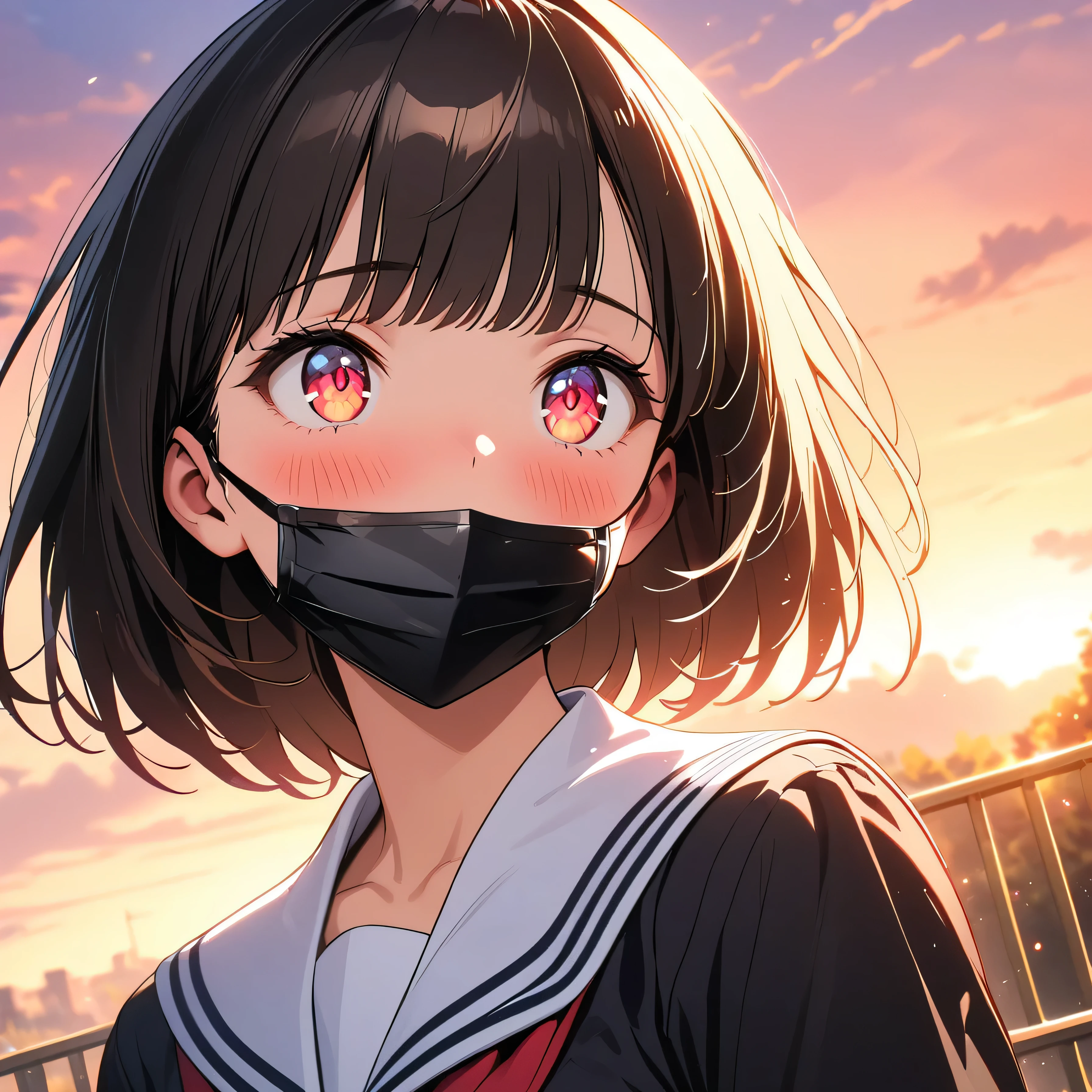 (beautiful girl: 1.3),masterpiece,Ultra-high resolution, rich contrasts,Very high quality,8k,very detailed CG unit wallpaper,Texture,So ridiculous,RAW Photos,Highest quality anime,Depth of written boundary,ultra-detailed eyes,Glowing Skin,Glitter Effect,Beautiful glossy lips,(Sharp Bob,Bangs),School uniform, Black Tight Skirt ,School gate,sunset,(Extremely close:2.0),Embarrassing,blush,Looking up,Tilt your head,(Black Mask)