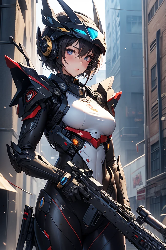 masterpiece,best quality,extremely detailed CG,ultra-detailed,beautiful detailed eyes,1girl,mecha girl,random short hair,hold a sniper rifle,small breast,helmet,