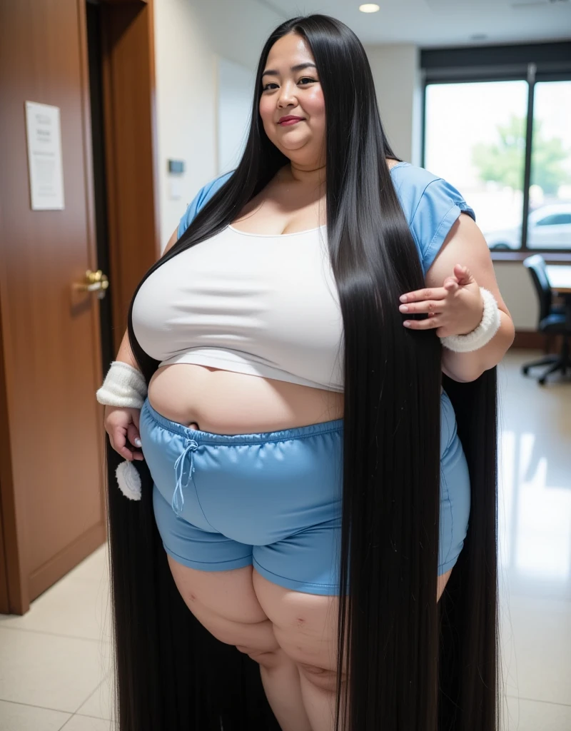 8k,Highest quality, masterpiece, Ultra-high resolution,(masterpiece:1.6, Highest quality), Intricate details, Middle-aged woman in her 50s,Japanese, alone, full body, ((Absurdly Long hair:1.5)),top of head,(jet Black Hair), (forehead:1.5), (Extremely obese:1.2), (Fat face:1.2), (round face:1.2), (Saggy face:1.2), crow's feet wrinkies, ((Super huge breasts:1.8)), ((super Saggy breasts:1.8)), ((cleavage:1.6)), ((Abnormally long, beautiful black hair that reaches down to her heels:1.5)), ((Her excessively long black hair reaches the ground:1.5)), ((pale skin, shiny skin)), (right blue janitor uniform :1.2), ((The mature woman who cleans the building is hand combing her ridiculously long, glossy black hair that she is proud of:1.5)), (Office break room:1.3)

