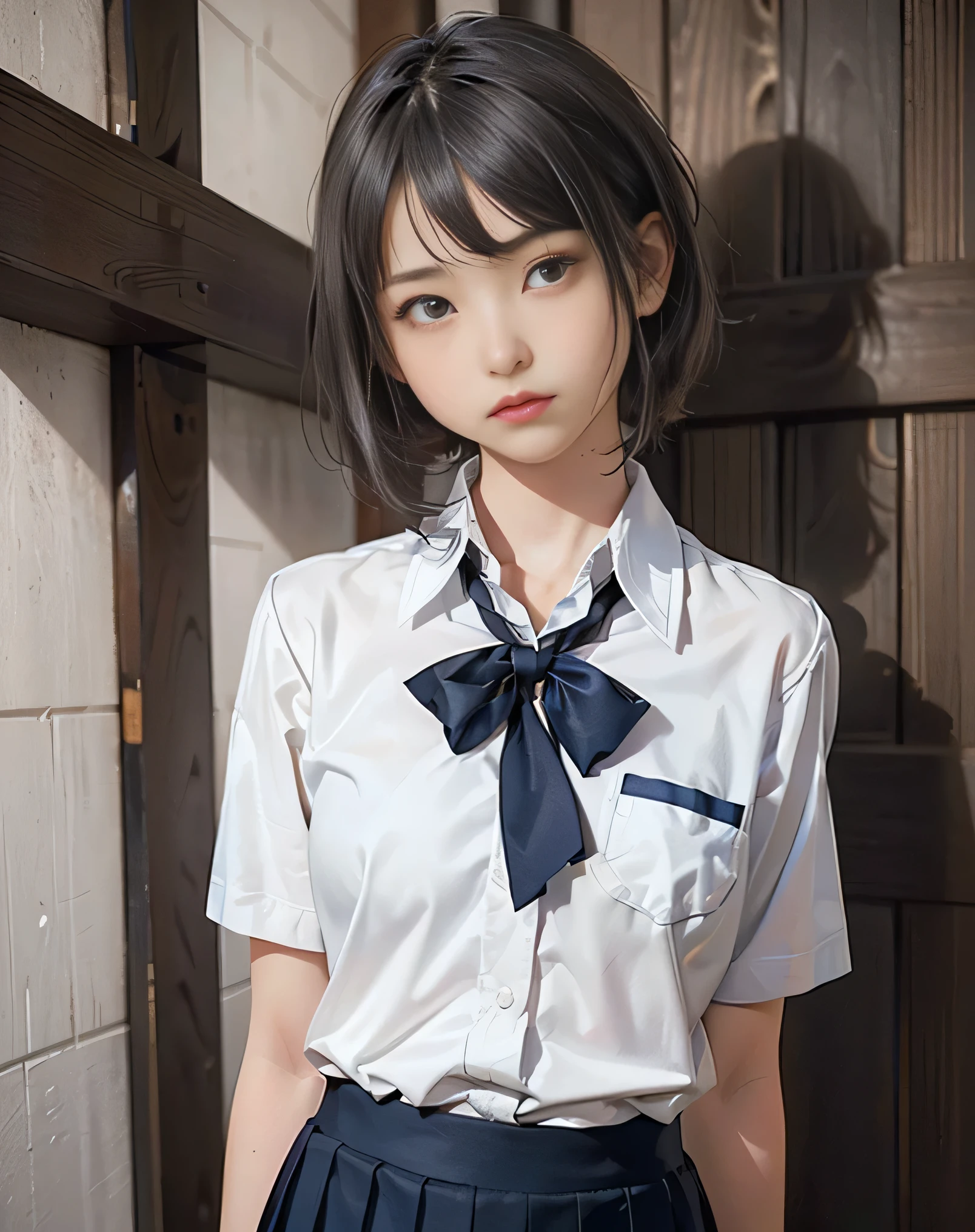 (Realistic:2.0),(High resolution:1.5),(Mastepiece),(1 girl:1.5),(solo:1.5),(looking at the viewer),Small face,(High school girl),(small Breasts),kawaii,(cute face:1.2),(school uniform:1.4),short hair,bangs,(navy pleats skirt),(white shirt),(Short sleeve),(Detailed eyes:1.5),(Accurate eyes:1.5),(Black eyes:1.5),(Wide eyes:1.5),(beautiful eyes:1.5),(Serious look),