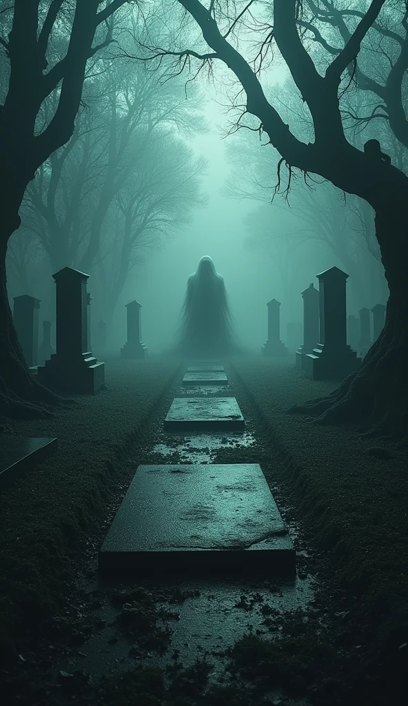A gravestone in an overgrown cemetery with the name of the Bell family's deceased neighbor. A vengeful spirit, the Bell Witch, emerges from the grave, her ghostly form filled with rage and a vow of revenge."