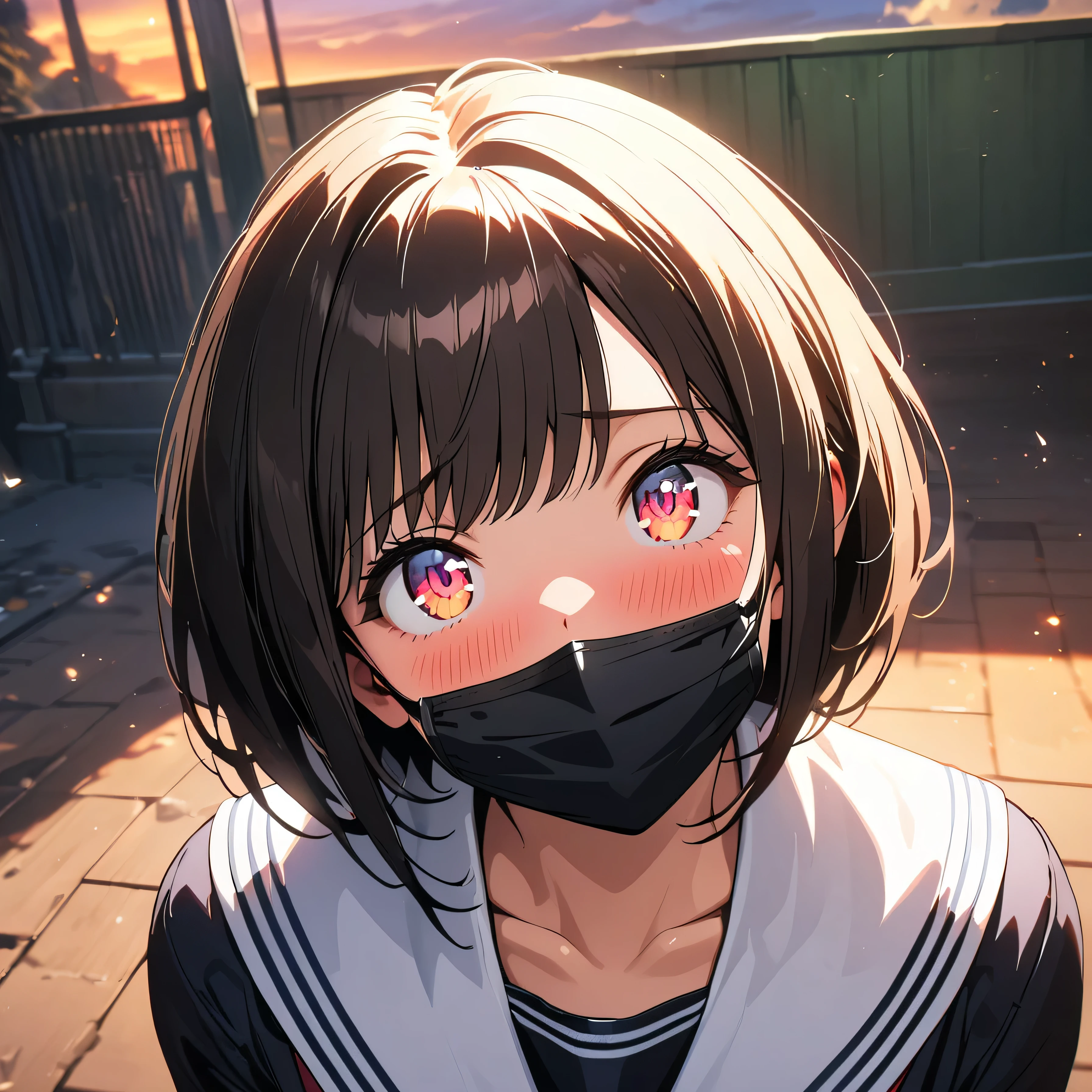 (beautiful girl: 1.3),masterpiece,Ultra-high resolution, rich contrasts,Very high quality,8k,very detailed CG unit wallpaper,Texture,So ridiculous,RAW Photos,Highest quality anime,Depth of written boundary,ultra-detailed eyes,Glowing Skin,Glitter Effect,Beautiful glossy lips,(Sharp Bob,Bangs),School uniform, Black Tight Skirt ,School gate,sunset,(Extremely close:2.0),Embarrassing,blush,Looking up,Tilt your head,(Black Mask)