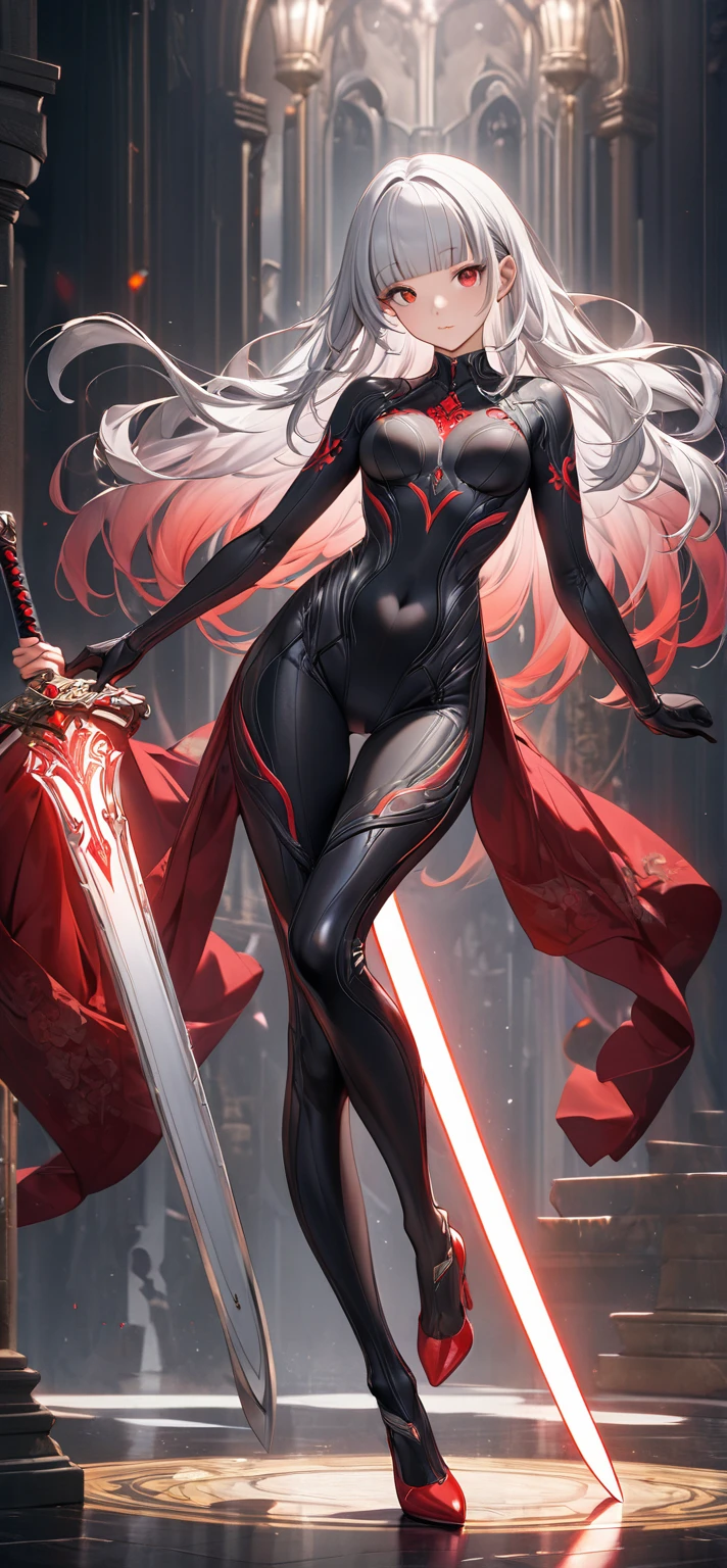 Create a hyper-realistic 3D image of a beautiful blue-eyed princess girl, silver and black hair , dressed in a black and red latex lycra with all its ornaments, with small spectacular dragon as a pet, the image must be perfectly detailed and spectacular the colors vivid and real apply HDMI technologies, 1200 dpi and full definition 132 k