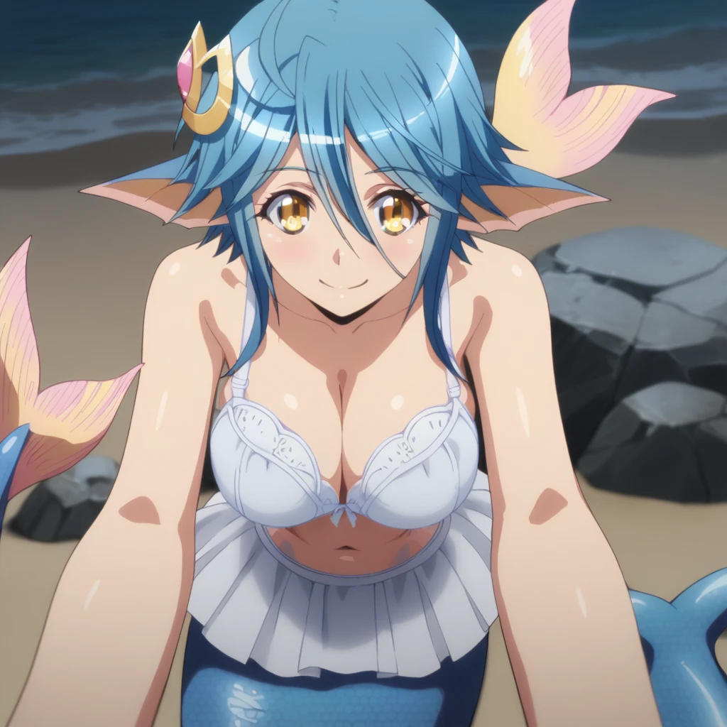 Solo, alone, Papi Harpy, blue Mermaid, blue mermaid tail, mermaid tail below waistline, scales mermaid tail, short hair, blue hair, yellow eyes, fin ears, pink fin ears, large breasts, cleavage, crown ornament hair, white bra, belly, white skirt, sit on rock at beach, night, smile, large breasts, POV,