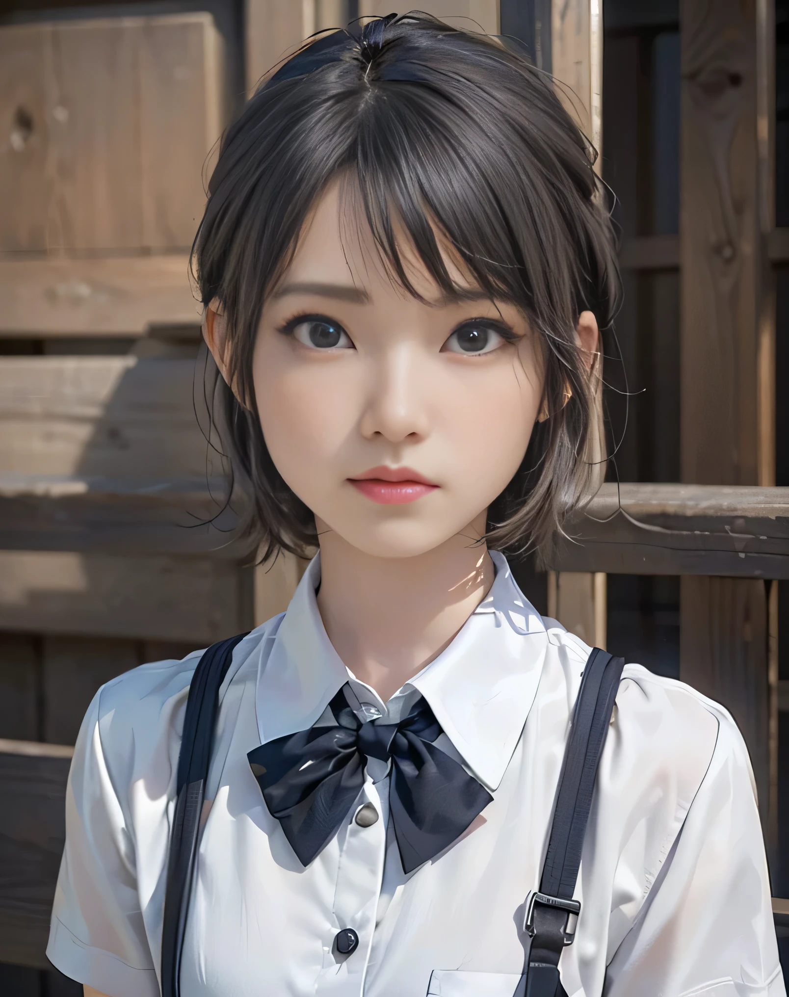 (Realistic:2.0),(High resolution:1.5),(Mastepiece),(1 girl:1.5),(solo:1.5),(looking at the viewer),Small face,(High school girl),(small Breasts),kawaii,(cute face:1.2),(school uniform:1.4),short hair,bangs,(navy pleats skirt),(white shirt),(Short sleeve),(Detailed eyes:1.5),(Accurate eyes:1.5),(Black eyes:1.5),(Wide eyes:1.5),(beautiful eyes:1.5),(Serious look),