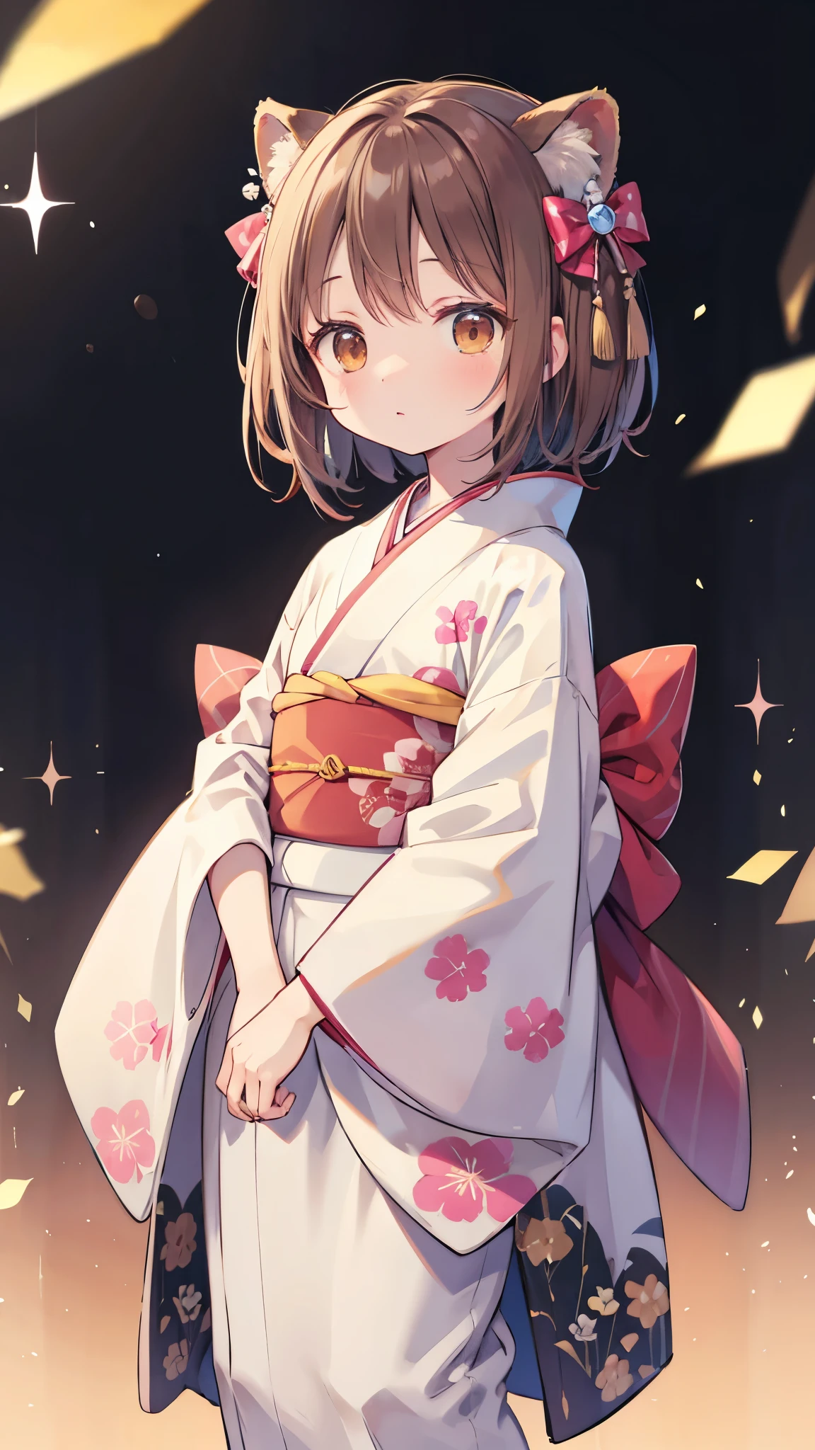 anime、Ephemeral Artwork 、Light line drawing、Pale colors、Raccoon Girl、Brown Hair、 short hair、Hair accessories、Raccoon Ears、Raccoon Tail、Brown eyes、A cute kimono based on white and brown