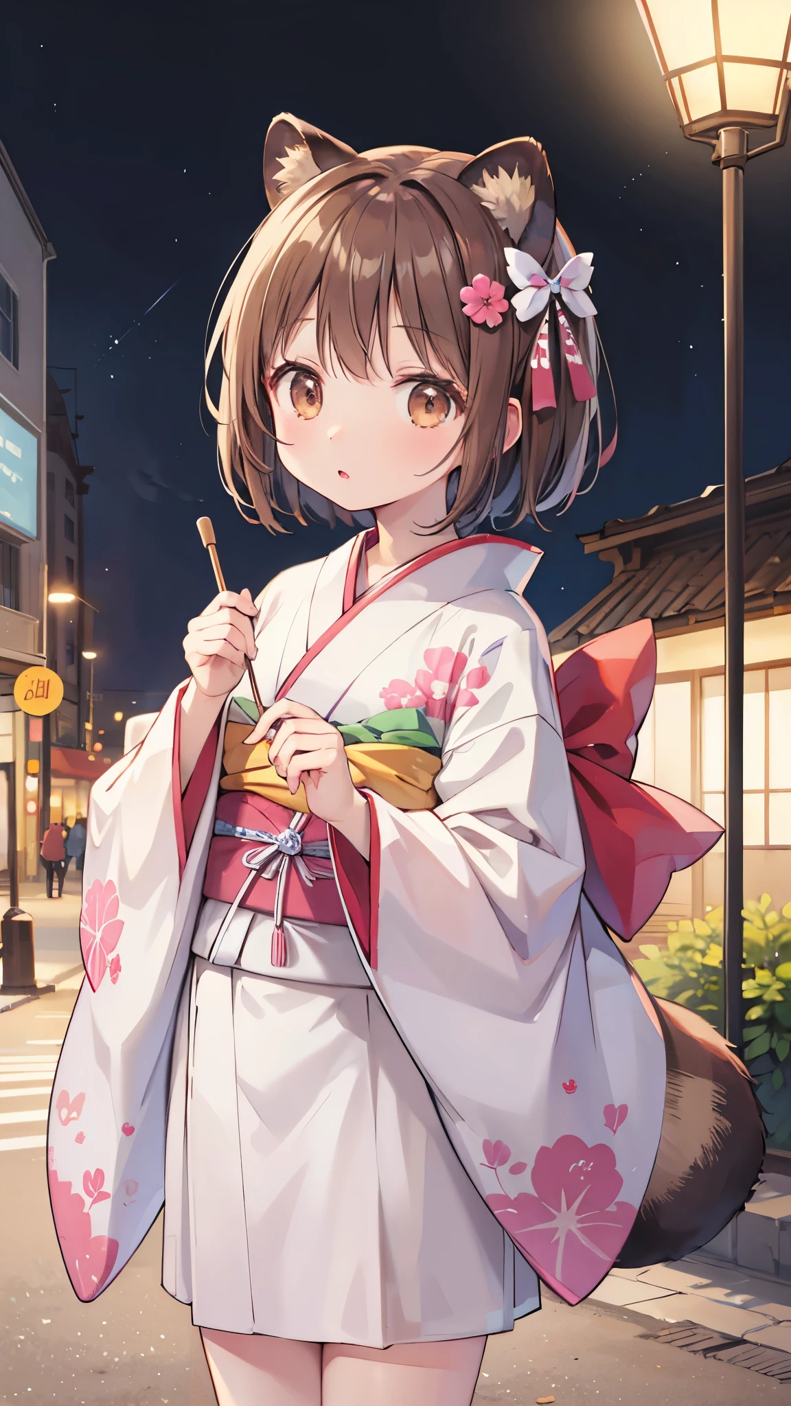 anime、Ephemeral Artwork 、Light line drawing、Pale colors、Raccoon Girl、Brown Hair、 short hair、Hair accessories、Raccoon Ears、Raccoon Tail、Brown eyes、A cute kimono based on white and brown