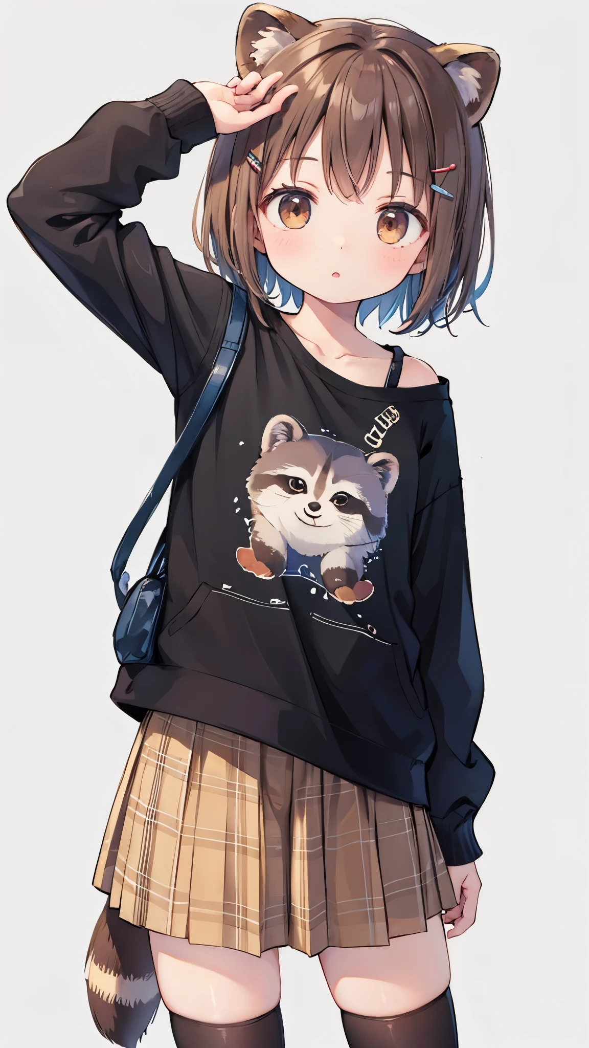 anime、Ephemeral Artwork 、Light line drawing、Pale colors、Raccoon Girl、Brown Hair、 short hair、Hair accessories、Raccoon Ears、Raccoon Tail、Brown eyes、Boyish and casual attire