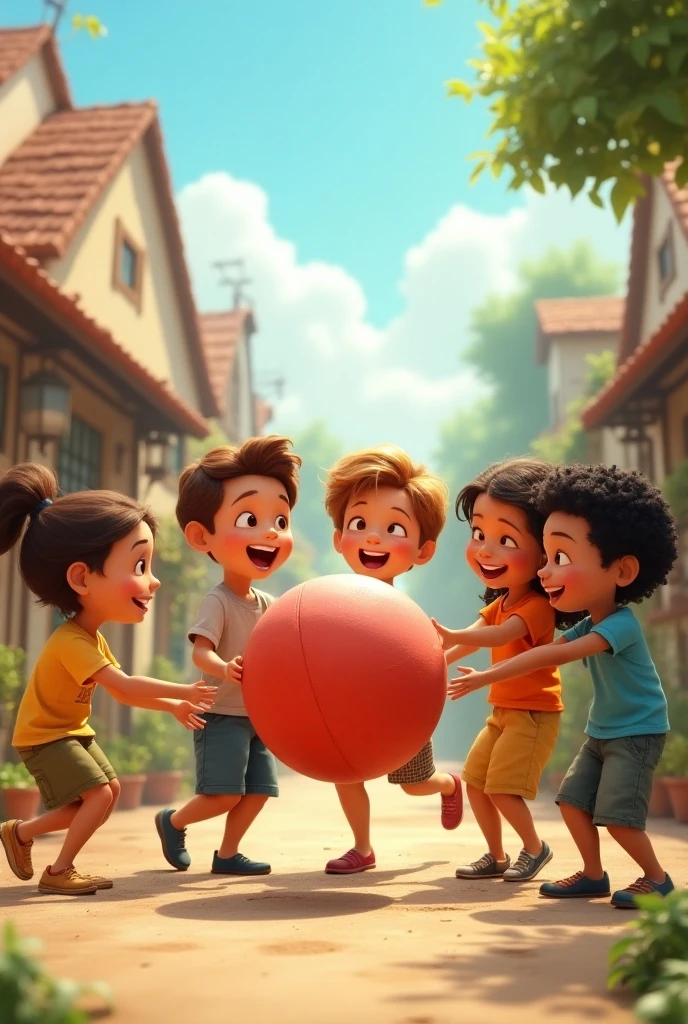 A vibrant and happy scene of a group of boys playing football on a simple and humble neighborhood field. The field has little grass, with areas of land visible. The boys are diverse, representing different ethnicities and colors, all with smiles on their faces, transmitting the energy and fun of the game. Some children are chasing the ball, while others are watching or celebrating. The clothes are varied, with some children wearing simple uniforms and others wearing casual clothes. In the background, you can see some simple houses, trees and perhaps even an improvised fence, adding to the charm of the neighborhood camp.