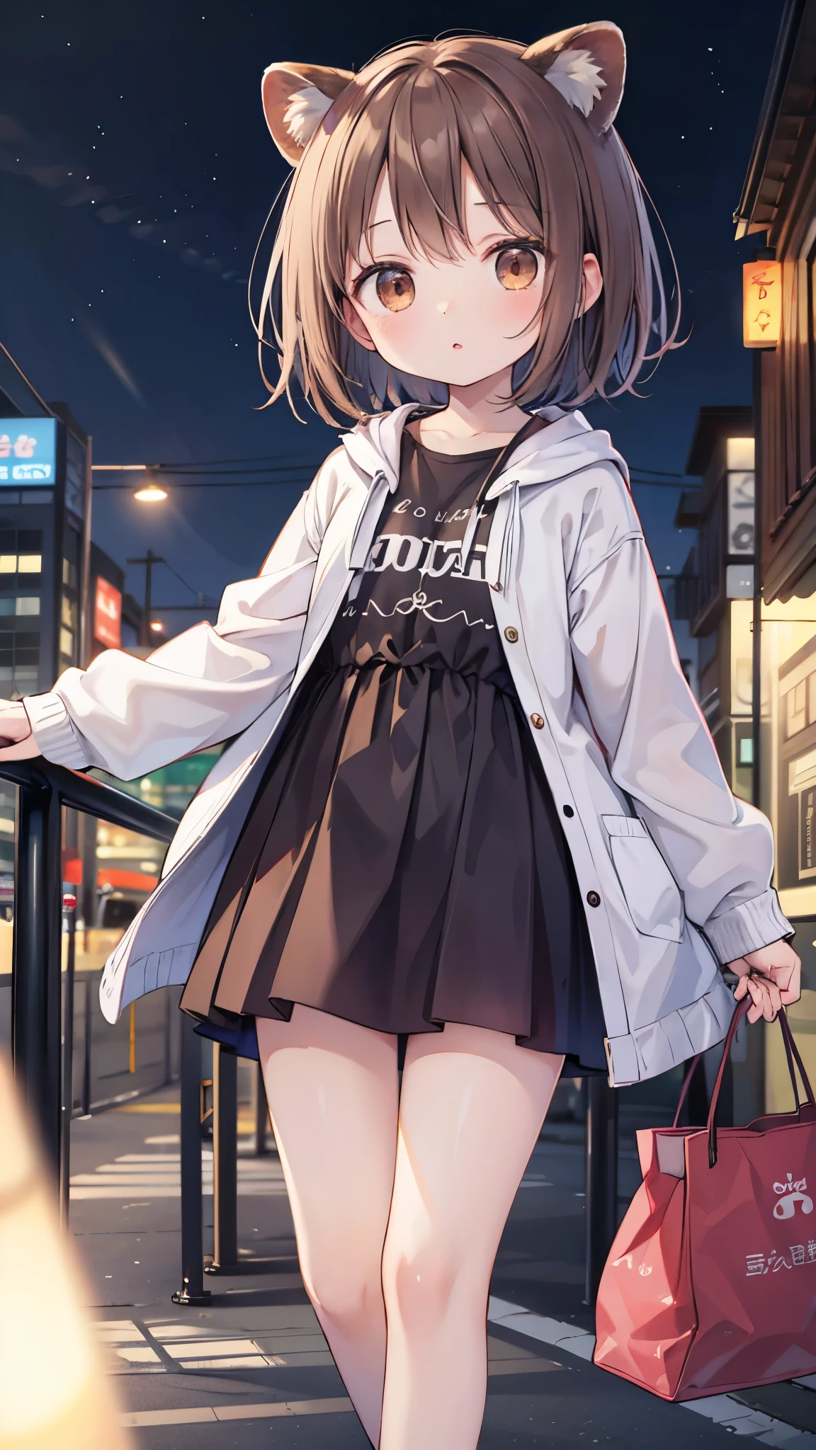 anime、Ephemeral Artwork 、Light line drawing、Pale colors、Raccoon Girl、Brown Hair、 short hair、Hair accessories、Raccoon Ears、Raccoon Tail、Brown eyes、Boyish and casual attire