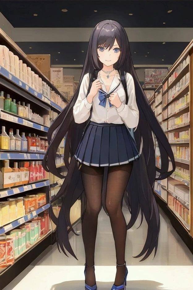 masterpiece  ,   Best quality,  HD,  in Supermarket,  on shelves with alcohol,  girl,  sensual,  sexy , bluesilver hair,  very very very long hair,  school clothes,  black,  short pleated skirt, schwarz,  transparent over the knee ,schwarz , necklace, Cross,  blue-gray eyes ,  standing slightly on tiptoes, taking something from the top shelves, smiles, high heels sexy shoes, backpack on back, overkniee schwarz druchschit, pantyhose