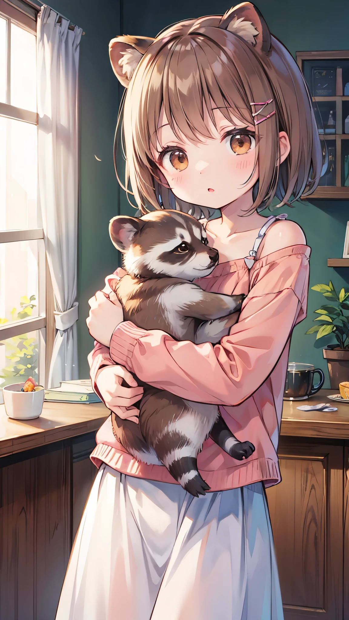 anime、Ephemeral Artwork 、Light line drawing、Pale colors、Raccoon Girl、Brown Hair、 short hair、Hair accessories、Raccoon Ears、Raccoon Tail、Brown eyes、Boyish and casual attire、Embrace a  cubs 