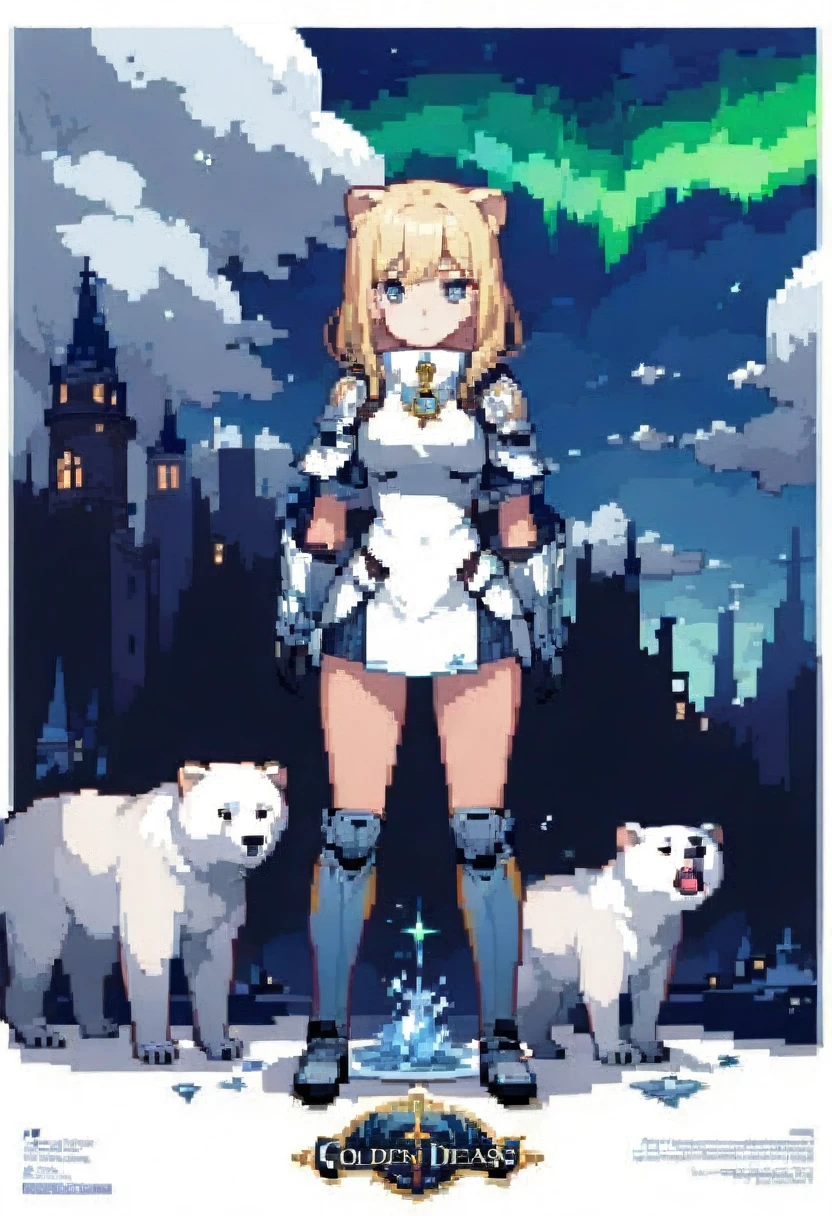 16bit pixel art, promotional poster, promotional art for "The Golden Compass," 16bit video game art, for a game based on renowned novel "The Golden Compass" by Philip Pullman, BREAK: it features a blonde girl in arctic gear, a white ermine, a frozen dead fish, a massive polar bear wearing plate armour, above all is the northern lights in 16bit rendering, and in the lights is the outline of a cityscape