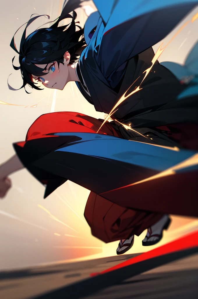 A boy surrounded by dark shadowy smoke which is formed into sharp claws, a black sash demon is behind him, and the boy's eyes dark red