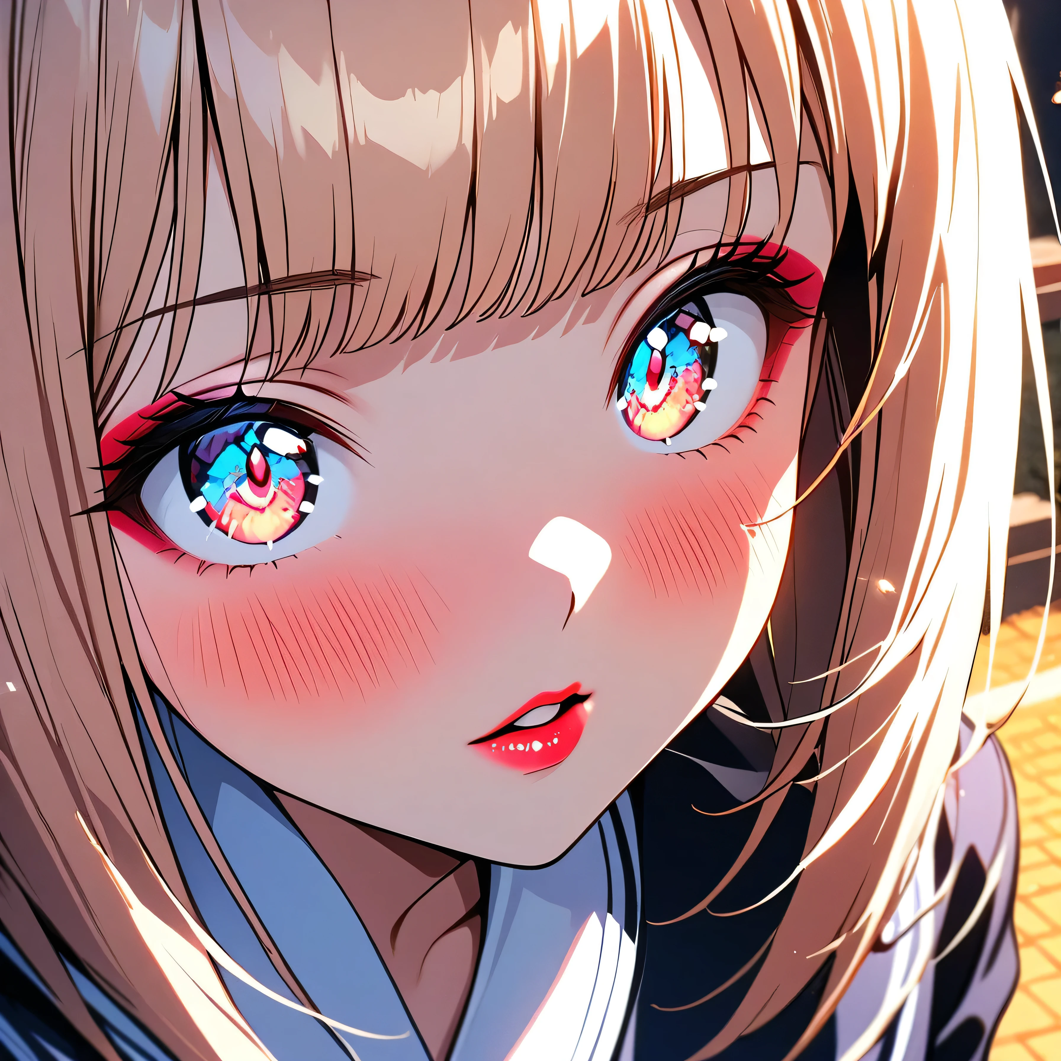 (beautiful girl: 1.3),masterpiece,Ultra-high resolution, rich contrasts,Very high quality,8k,very detailed CG unit wallpaper,Texture,So ridiculous,RAW Photos,Highest quality anime,Depth of written boundary,ultra-detailed eyes,Glowing Skin,Glitter Effect,Beautiful glossy lips,(Sharp Bob,Bangs),School uniform, Black Tight Skirt ,School gate,sunset,(Extremely close:2.0),Embarrassing,blush,Looking up,Tilt your head,Glossy lipstick, perfect makeup