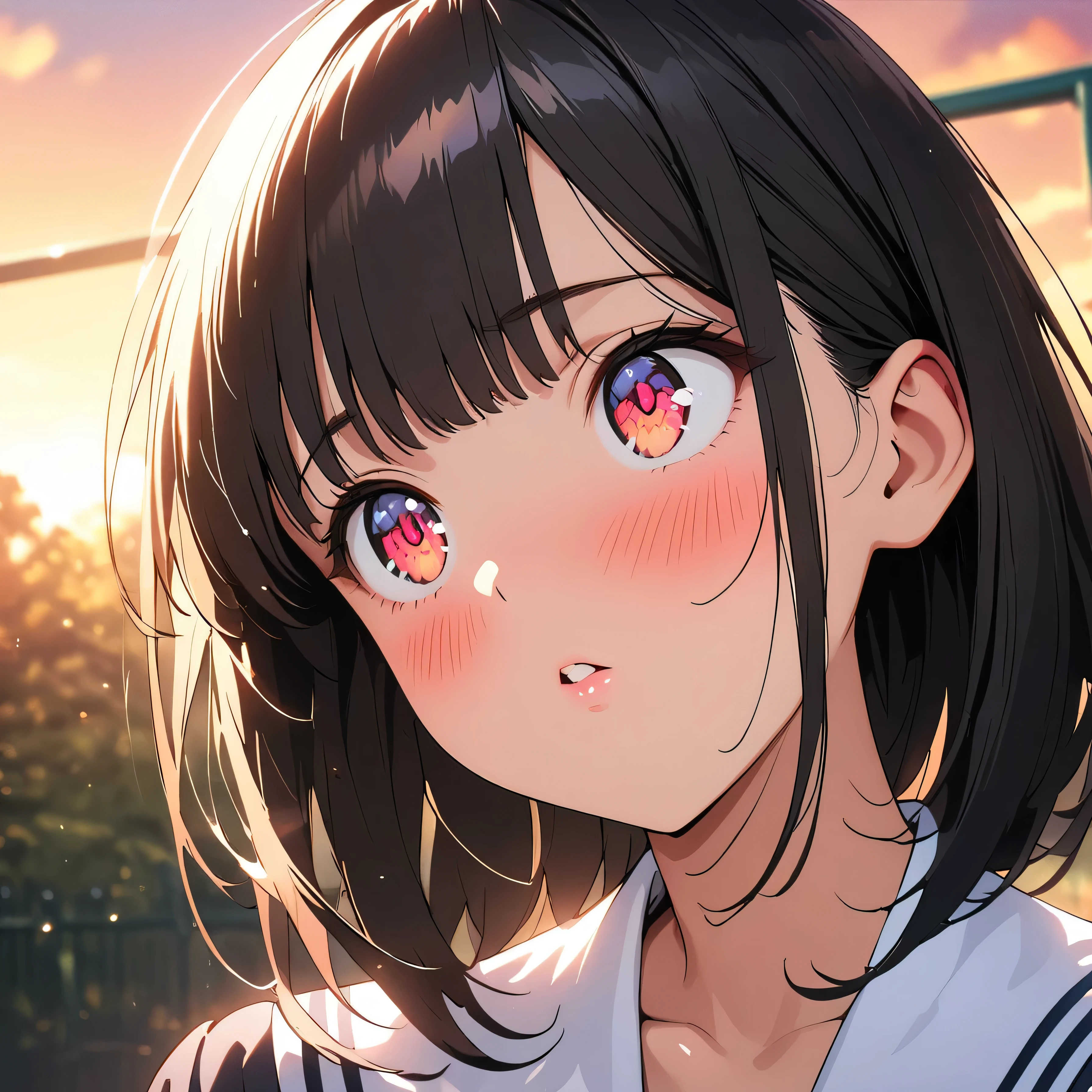 (beautiful girl: 1.3),masterpiece,Ultra-high resolution, rich contrasts,Very high quality,8k,very detailed CG unit wallpaper,Texture,So ridiculous,RAW Photos,Highest quality anime,Depth of written boundary,ultra-detailed eyes,Glowing Skin,Glitter Effect,Beautiful glossy lips,(Sharp Bob,Bangs),School uniform, Black Tight Skirt ,School gate,sunset,(Extremely close:2.0),Embarrassing,blush,Looking up,Tilt your head,(Black Mask)