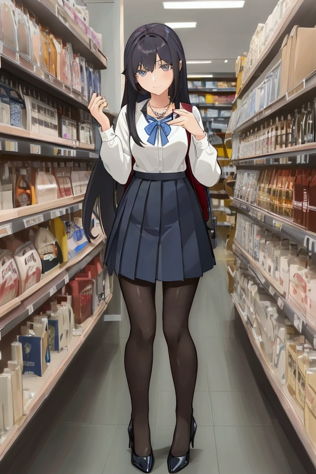 masterpiece  ,   Best quality,  HD,  in Supermarket,  on shelves with alcohol,  girl,  sensual,  sexy , bluesilver hair,  very very very long hair,  school clothes,  black,  short pleated skirt, schwarz,  transparent over the knee ,schwarz , necklace, Cross,  blue-gray eyes ,  standing slightly on tiptoes, taking something from the top shelves, smiles, high heels sexy shoes, backpack on back, overkniee schwarz druchschit, pantyhose