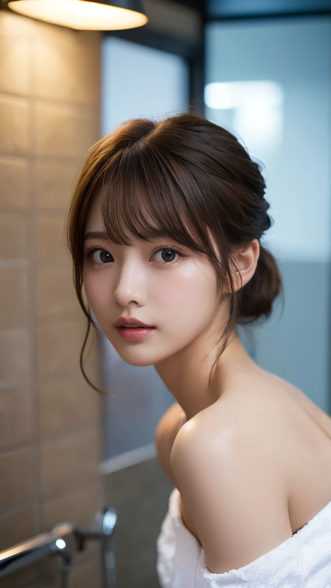 masterpiece、1 beautiful girl、Detailed eyes、Best Quality, 超 High Resolution , (Reality: 1.4), Cinema Lighting、Japanese、Asian Beauty、Super Beauty、Beautiful Skin、Slender、( surreal)、( High Resolution )、(8k)、( very detailed)、( beautiful, detailed eyes )、(Ultra-detailed)、 (wall-)、Detailed face、Bright lighting、 professional lighting,(((Chignon:1.3))),(((Bath towel 1 .5)))、Daytime hot spring、(((light brown hair 1.8)))、((naked))