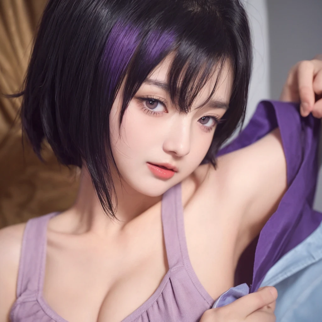 best quality,high resolution,unity 8k wallpaper,(illustration:1),perfect lighting,photo_\(medium\),photorealistic,realistic,
Purple hair, short hair cut, thighhighs, , sitting, looking at viewer, black eyes, lips, nude,show off boob and pussy, hands up