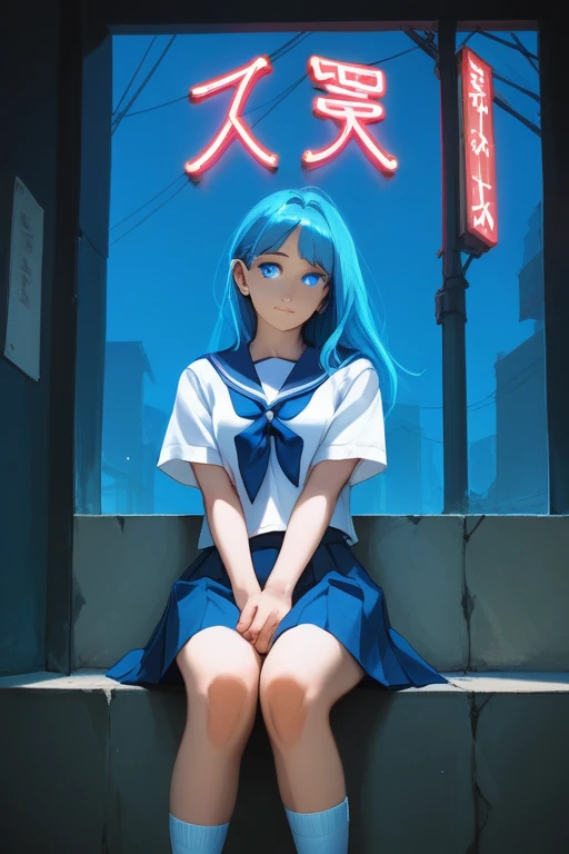 an image of a neon sign with a girl sitting on the moon, 1girl, school uniform, serafuku, skirt, blue hair good night ,