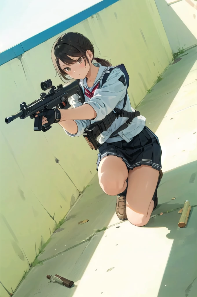   1 girl, Alone, Long Hair,  At the pub, skirt, Brown Hair,   Black Hair  , gloves, holding,   twin tails ,   Brown Eyes  ,     School Uniforms,   jacket, Full Body,   ponytail, arms, pleated skirt, shoes,   black gloves, socks,     fingerless gloves , holding arms, from side, gun, Check pattern, Knee-length, Check pattern skirt, brown footwear , white   jacket, black socks, , holding gun, rifle, tobacco, brown skirt, sniper rifle, Firing, Range  , Suppressor
