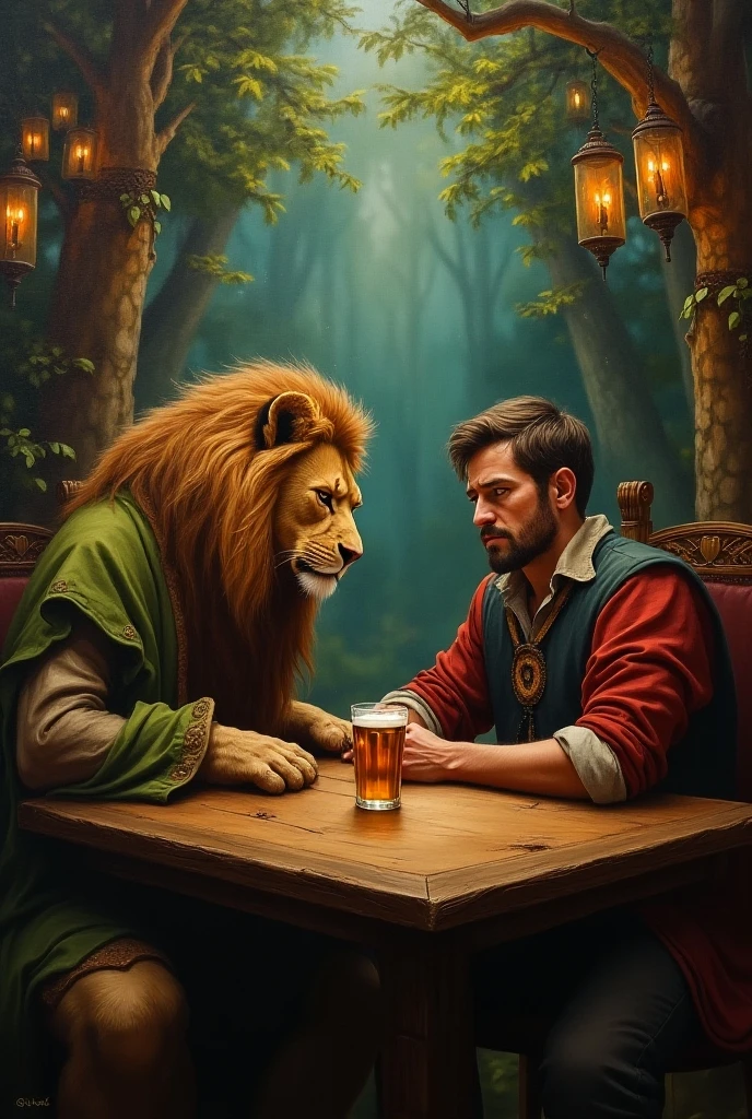 Lion handing out enchanted potions to a row of other different forest animals