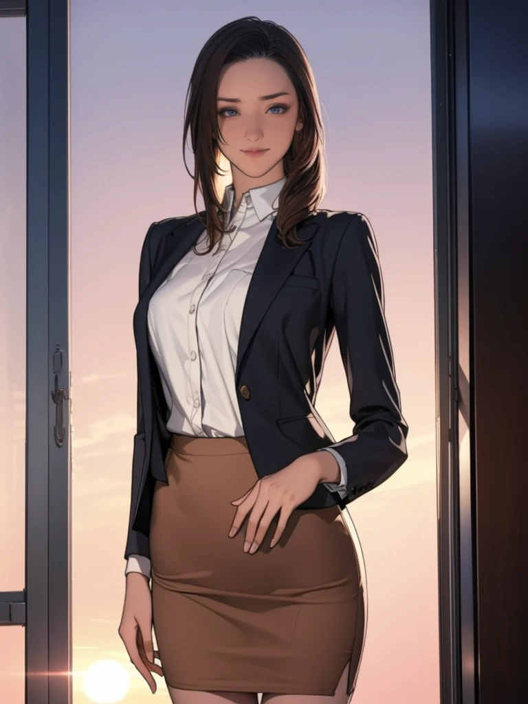 (8K,Realism, masterpiece,  best quality, RAW photo:1.3)、1woman in, 25 years old, alone,School uniform girl, Long hair,  brown hair , Detailed beautiful face, Charming face, ( delicate beautiful brown eyes:1.2), Medium breasts,(loose suit , Transparent pencil skirt :1.35), (  Perfect Body Slim Beautiful : 1.4),( posture:1.3), ( Looking at the Viewers , Front view, Eye Focus :1.2),  detailed background , (Sunset:1.2), classroom,fine,  intricate detail ,  Ray Tracing, Depth of Field,  A Charming Smile,classroom,