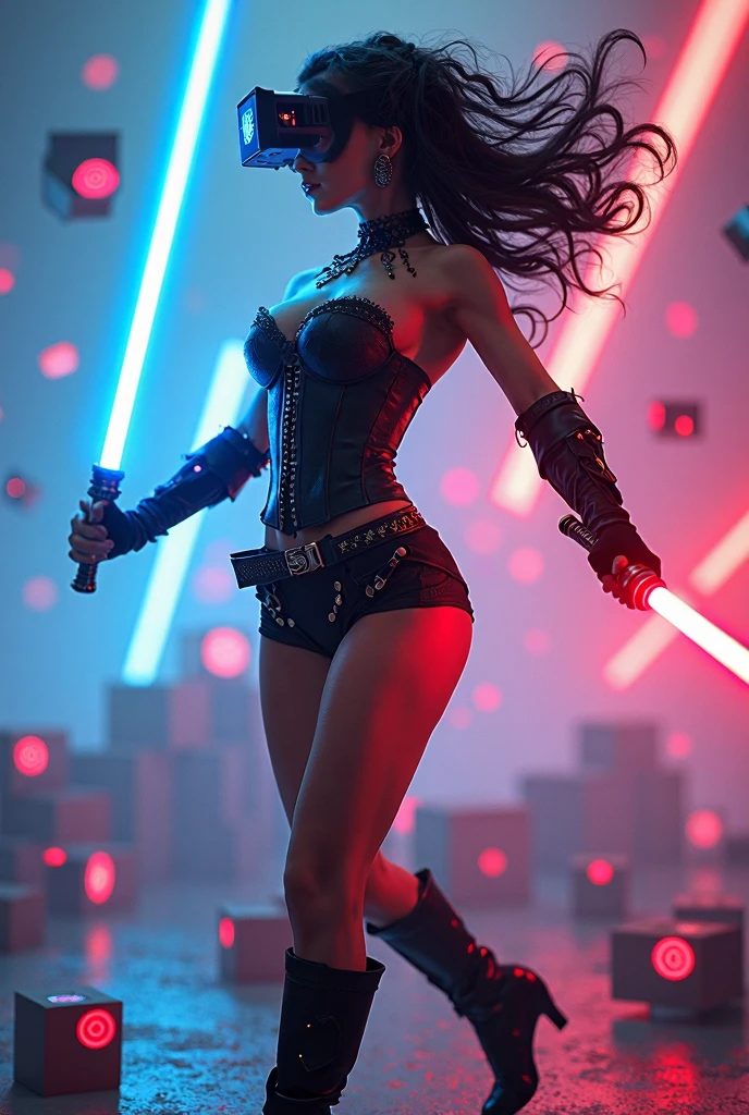 ((21-year-old))), black girl, (((light skin))), (((full body pose))),  (((long curly black hair))), (((wearing SNight Sister outfit))), (((holding a lightsaber))), (((metal choker))), (((starship scene))), scifi fantasy, Rich, Deep Colours, (intricate details:0.9), (HDR, hyper-detailing:1.2), (natural skin textures, hyper realisitc, glistening skin, soft light, Sharp),