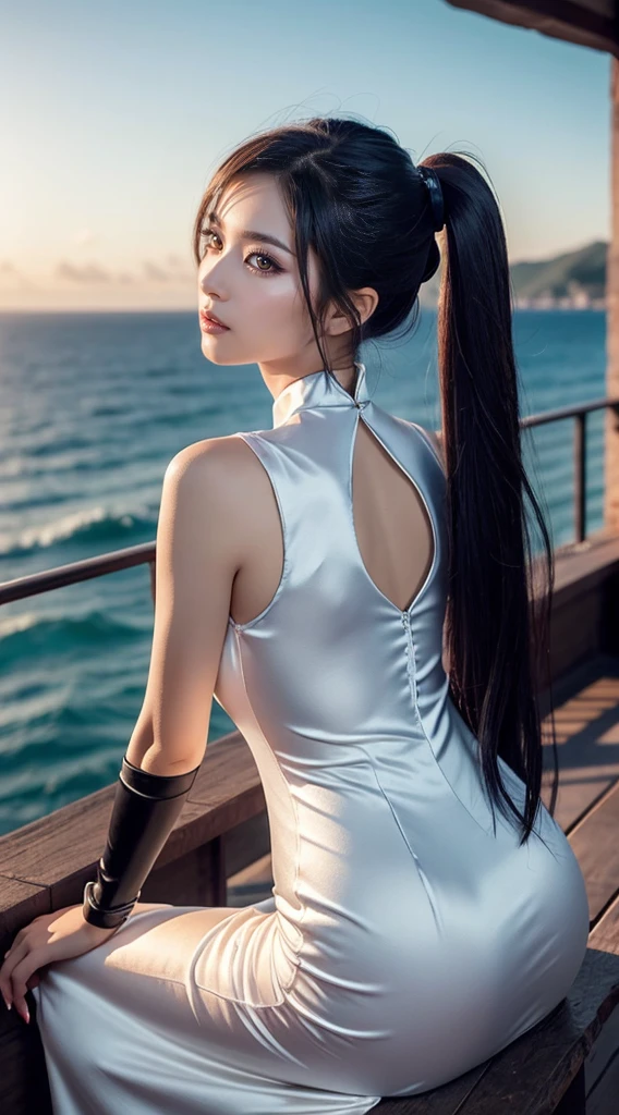 masterpiece, best quality, perfect anatomy, perfect proportions, long ponytail, wavy fluttering artic queen  dress, perfect big round boobs, panther ears, sunset, Mountain lakeside walk, watching viewer,