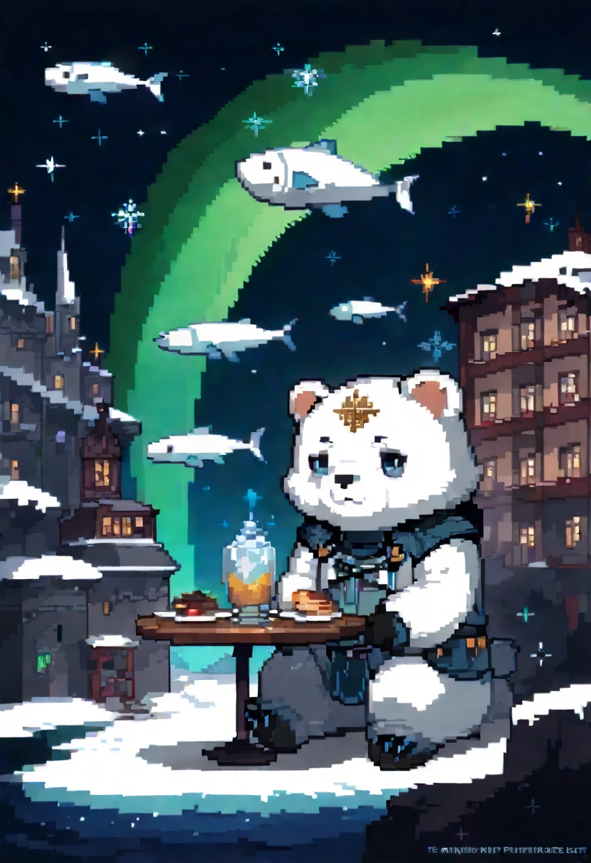 16bit pixel art, promotional poster, promotional art for "The Golden Compass," 16bit video game art, for a game based on renowned novel "The Golden Compass" by Philip Pullman, BREAK: it features a blonde girl in arctic gear, a white ermine, a frozen dead fish, a massive polar bear wearing plate armour, above all is the northern lights in 16bit rendering, and in the lights is the outline of a cityscape