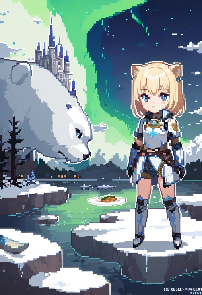 16bit pixel art, promotional poster, promotional art for "The Golden Compass," 16bit video game art, for a game based on renowned novel "The Golden Compass" by Philip Pullman, BREAK: it features a blonde girl in arctic gear, a white ermine, a frozen dead fish, a massive polar bear wearing plate armour, above all is the northern lights in 16bit rendering, and in the lights is the outline of a cityscape