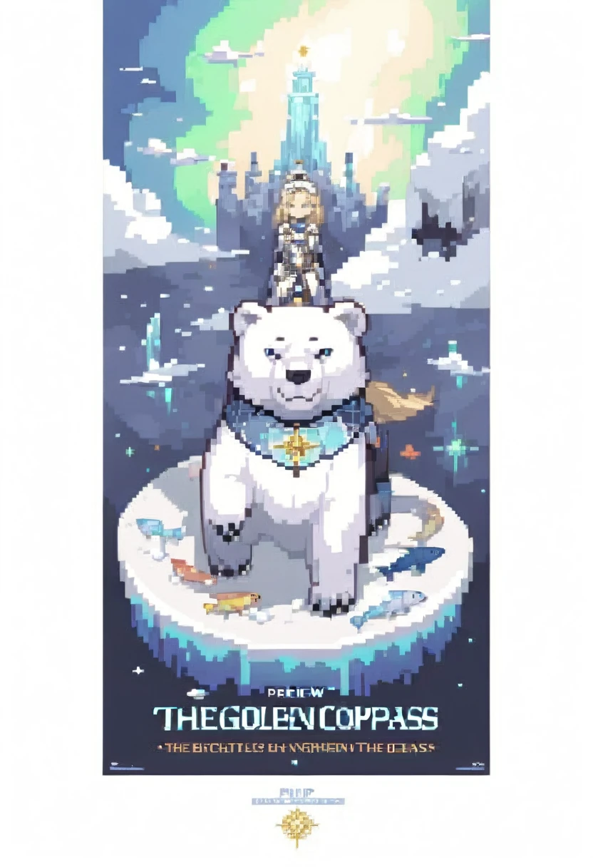 16bit pixel art, promotional poster, promotional art for "The Golden Compass," 16bit video game art, for a game based on renowned novel "The Golden Compass" by Philip Pullman, BREAK: it features a blonde girl in arctic gear, a white ermine, a frozen dead fish, a massive polar bear wearing plate armour, above all is the northern lights in 16bit rendering, and in the lights is the outline of a cityscape