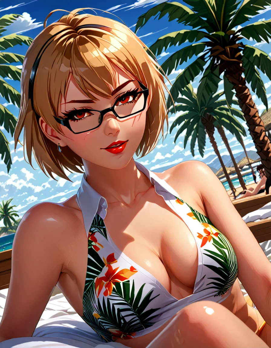 solo, full body,earrings, eyelashes, pantyhose,, (beach,(palm tree),crowd,(white shirt), floral print,red lips),sexy evocative smile,, (shiny skin:1.05),(blush:0.9),(skindentation:1.15),realistic, masterpiece, highest quality, highres,absurdres, (perfect face:1.1), (sharp focus:1.1),,  trending on ArtStation, trending on CGSociety, Intricate, High Detail, Sharp focus, dramatic,score_9, score_8_up, score_7_up, source_anime, 1girl, solo, lying on the bed, in the room, nude, standing, looking at viewer, shiny skin, burnice, orange eyes, blonde hair, short hair, two side up, hair ornament, eyewear on head, wet, horny face, heavy breathing, footstomp, barefoot, feet, foot focus, soles, toes, foreshortening, view from below, vagina, Expressiveh,