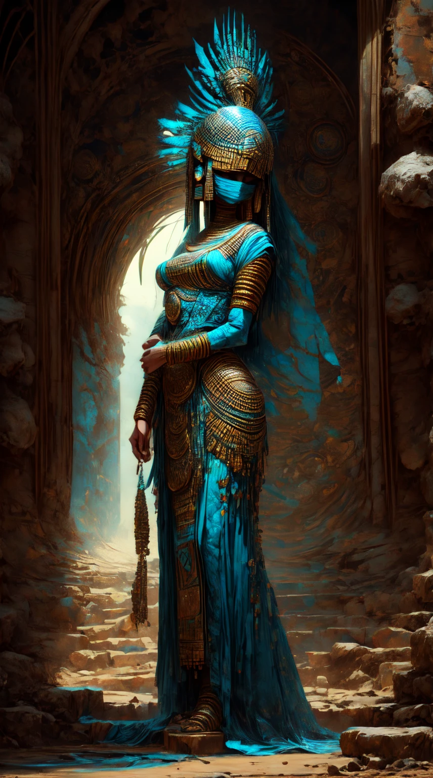 Tia is shown to have a fairly slender figure. She has white-grey hair , she has short hair and large pale green eyes,  An Pharaonic-styled futuristic suit worn by a girl depicting cultural fusion and modern fashion. The suit is adorned with intricate patterns and vibrant colors, showcasing the rich heritage of Egypt. The girl stands confidently in a dynamic pose, with her detailed eyes reflecting determination and curiosity. The suit's material is a combination of traditional textiles and futuristic synthetic fabrics, giving it a unique and avant-garde appearance. The overall image quality is of the highest standard, with sharp focus and ultra-detailed rendering. The artwork employs physically-based rendering techniques, resulting in realistic lighting and shadows. The colors are vivid and vibrant, capturing the essence of Pharaonic cultural aesthetics. The background features a fusion of modern architecture and traditional elements, creating a harmonious blend of the past and the future. The prompt explores the intersection of Pharaonic culture, futuristic design, and the artistic representation of a confident girl., cleavage exposed, medium breasts, superior quality, many details, Puri focus  Sharp and realistic